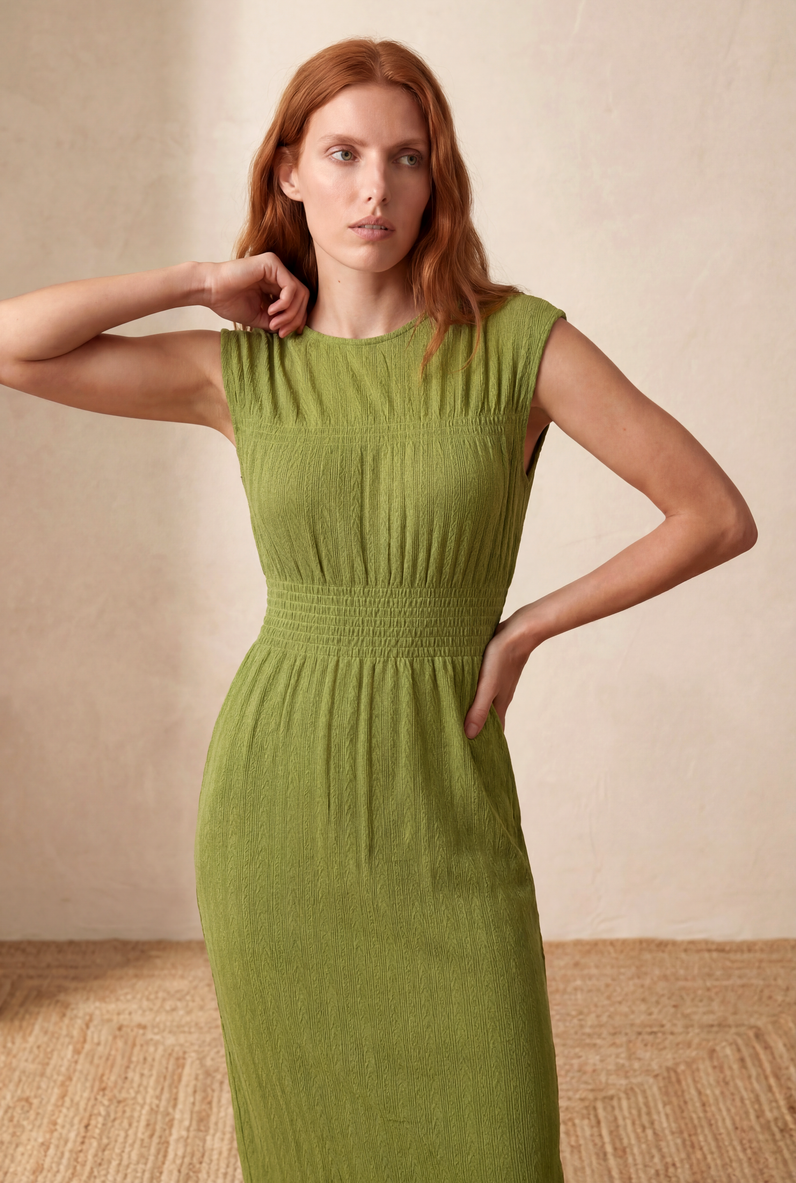 Kadın Regular Fit Bisiklet Yaka Kısa Kollu Yeşil Dokulu Pamuk Midi Elbise MARA - Dress - Westmark London EU(TR) Store Organik Pamuklu Sürdürülebilir Moda