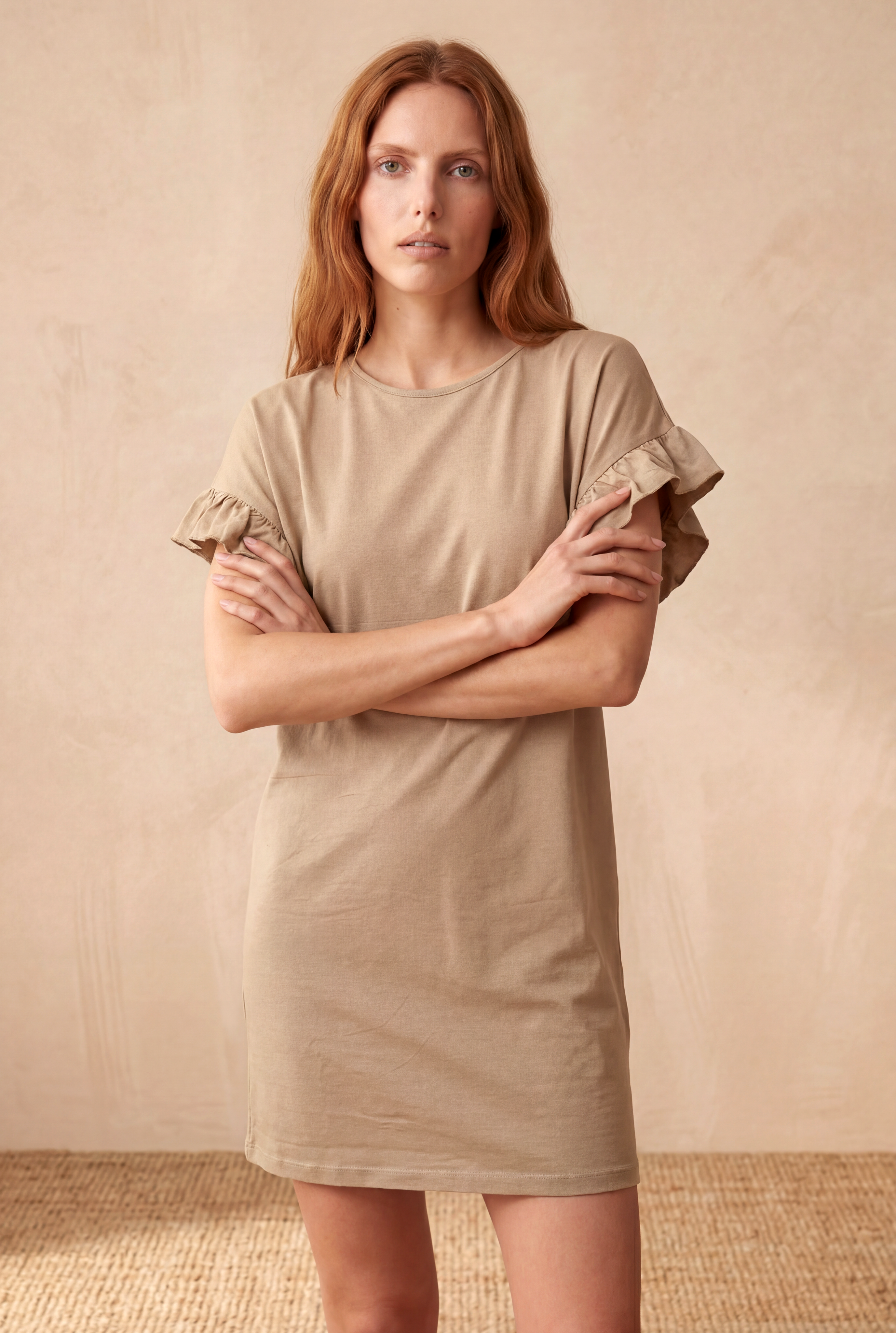 Kadın Rahat Kesim Bisiklet Yaka Fırfır Detaylı Kısa Kollu Bej Modal / Pamuk / Elastan Karışımlı Mini Elbise PAULA - Dress - Westmark London EU(TR) Store Organik Pamuklu Sürdürülebilir Moda