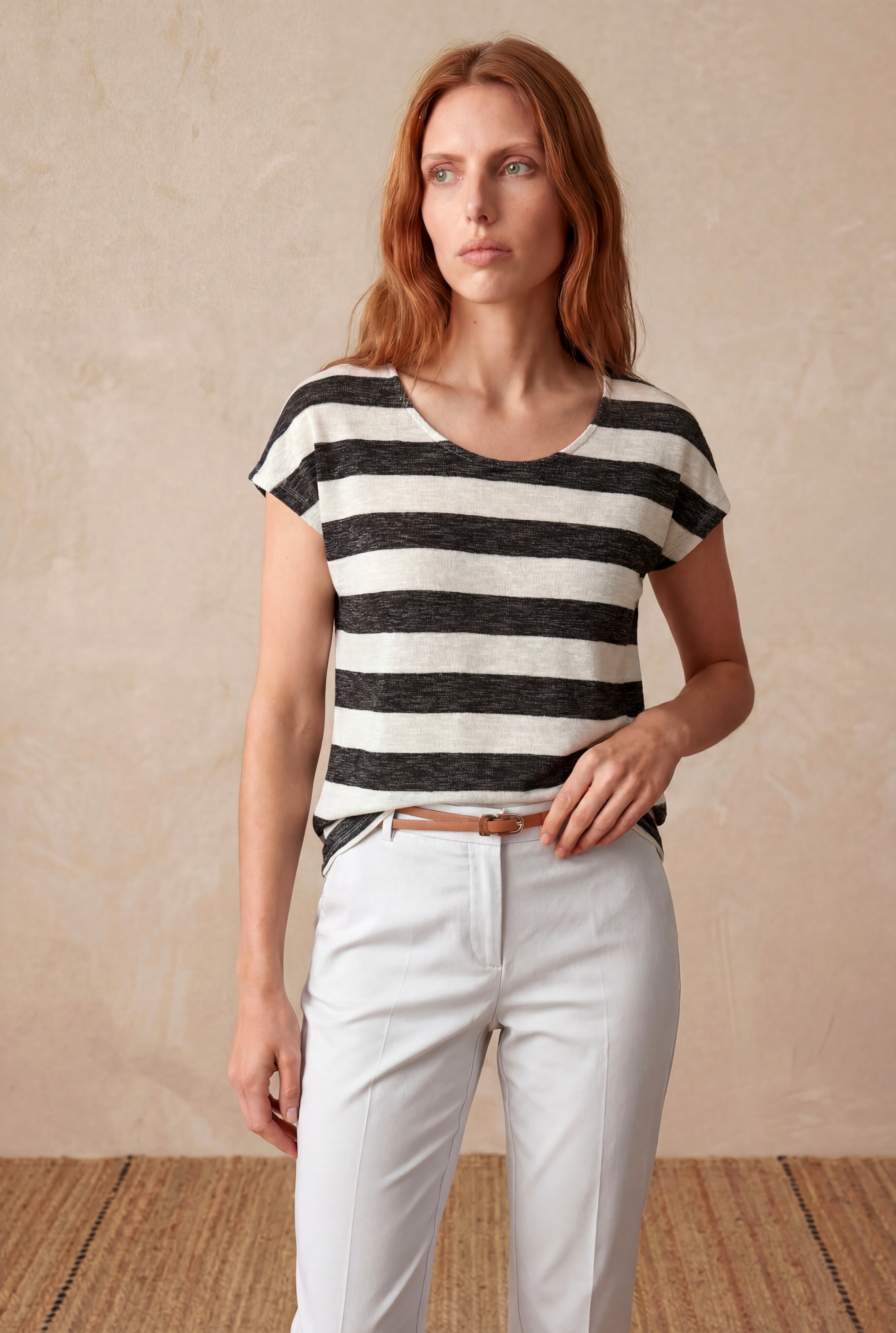 Kadın Regular Fit Bisiklet Yaka Kısa Kol Ekru / Siyah Çizgili Viskon / Elastan T-Shirt WILDA - Top - Westmark London EU(TR) Store Organik Pamuklu Sürdürülebilir Moda