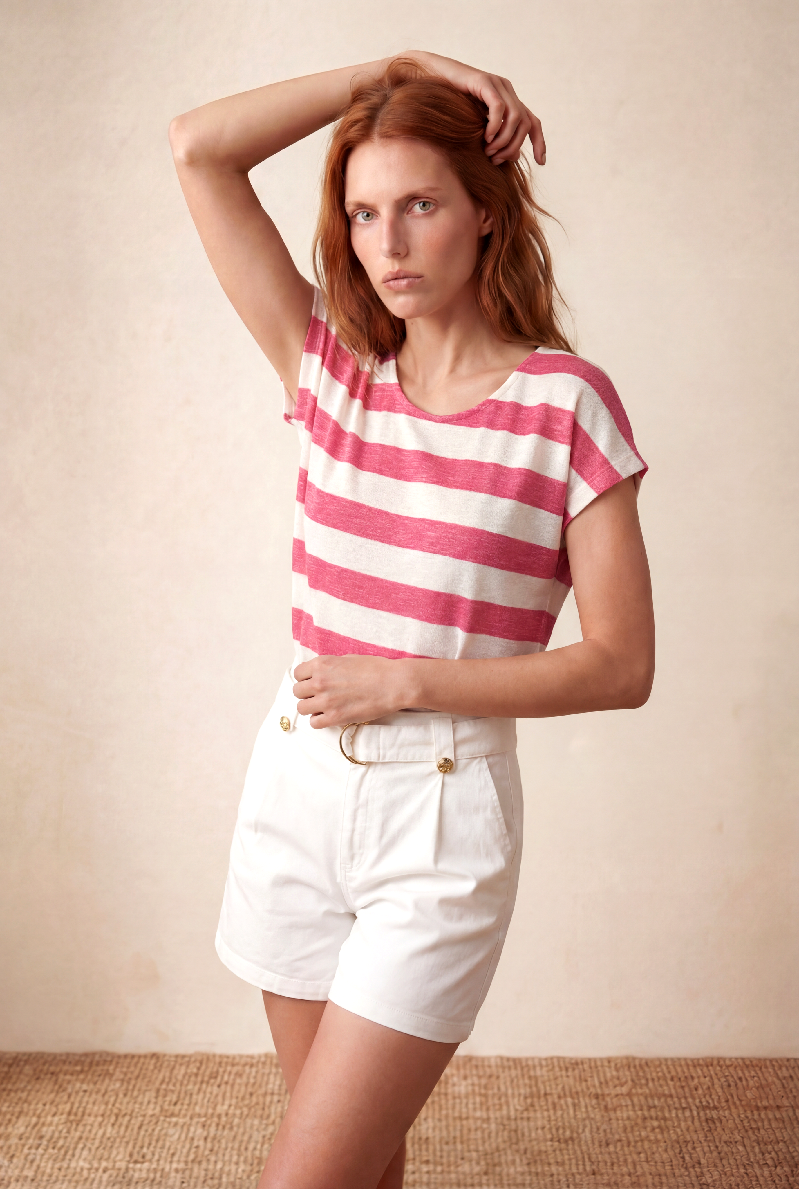 Kadın Regular Fit Bisiklet Yaka Kısa Kol Ekru / Fuşya Çizgili Viskon / Elastan T-Shirt WILDA - Top - Westmark London EU(TR) Store Organik Pamuklu Sürdürülebilir Moda