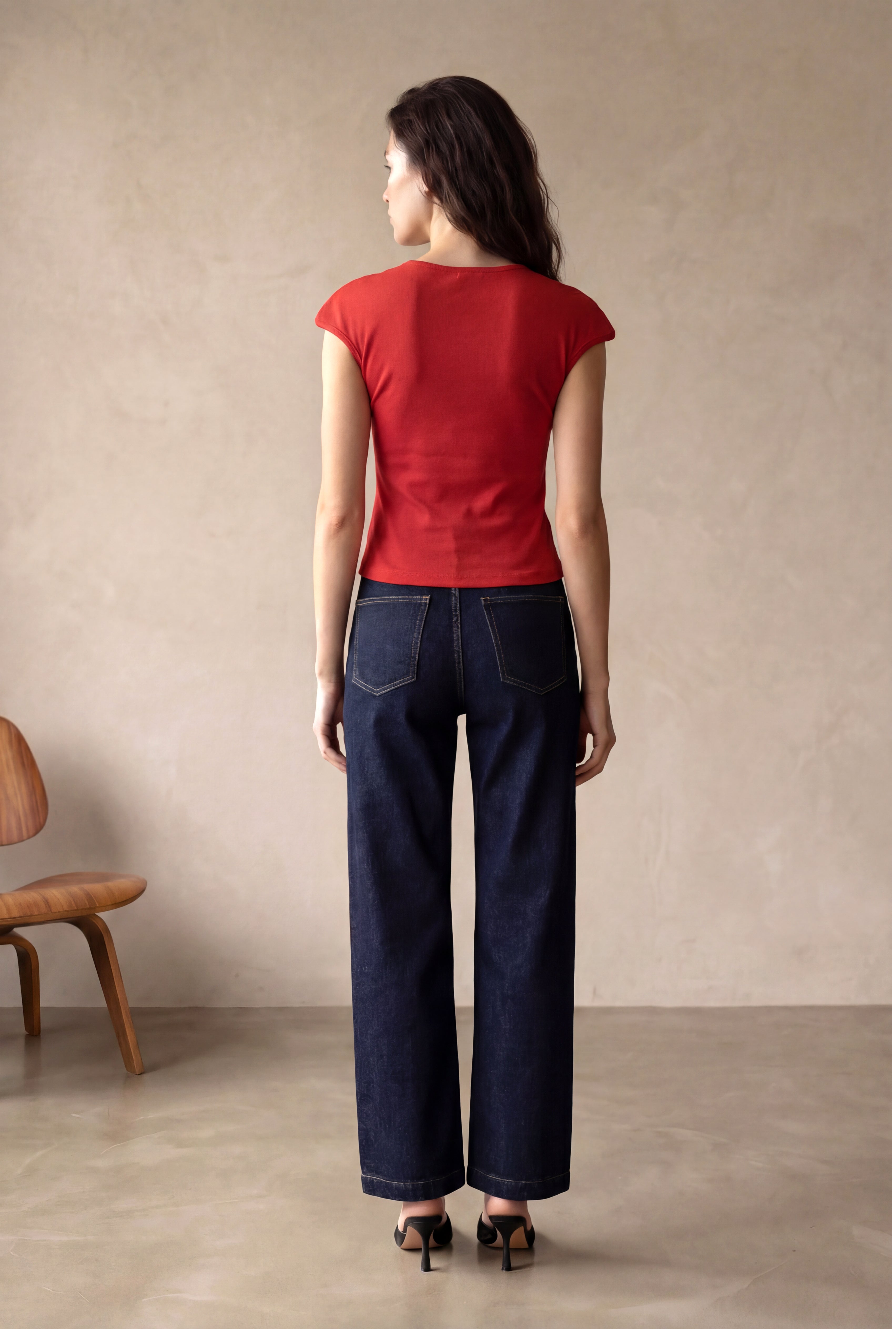 Kadın Slim Fit Kare Yaka %100 Pamuk Kısa Kol Red Crop T-Shirt DAFNE