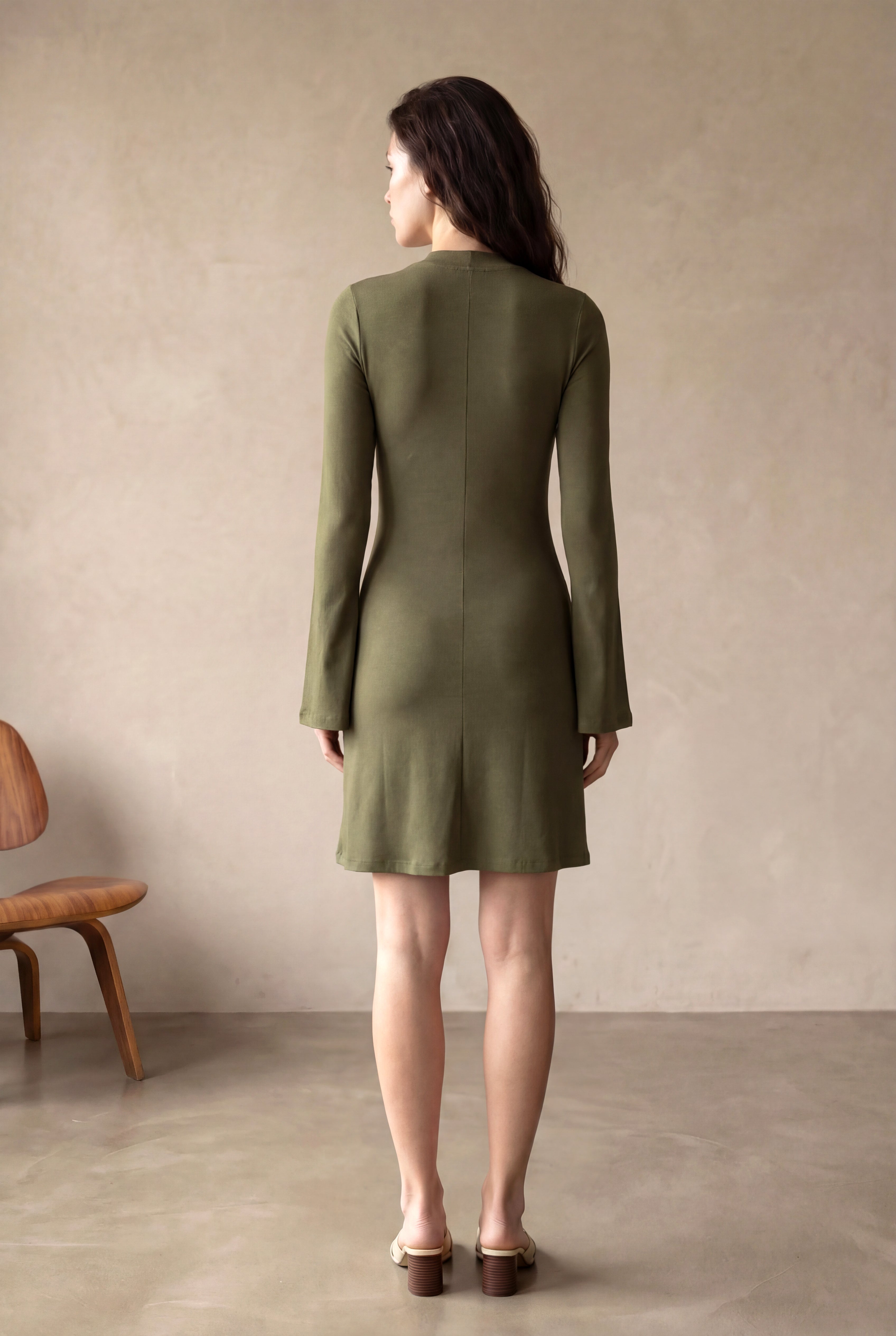 Kadın Regular Fit Dik Yaka Pamuk / Elastan Balon Kol Haki Mini Elbise DENISE - Dress - Westmark London EU(TR) Store Organik Pamuklu Sürdürülebilir Moda