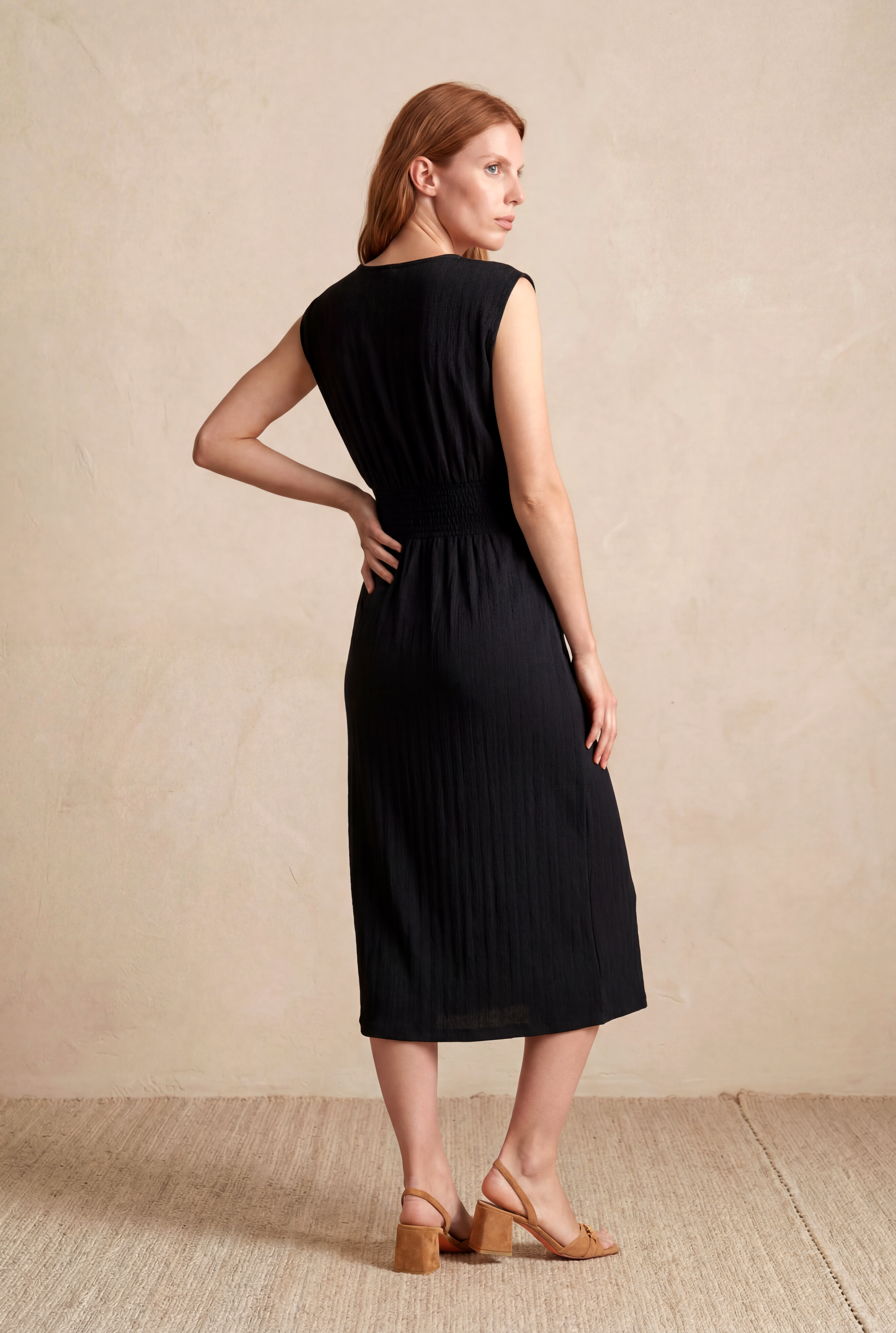 Kadın Regular Fit Bisiklet Yaka Kısa Kollu Siyah Dokulu Pamuk Midi Elbise MARA - Dress - Westmark London EU(TR) Store Organik Pamuklu Sürdürülebilir Moda
