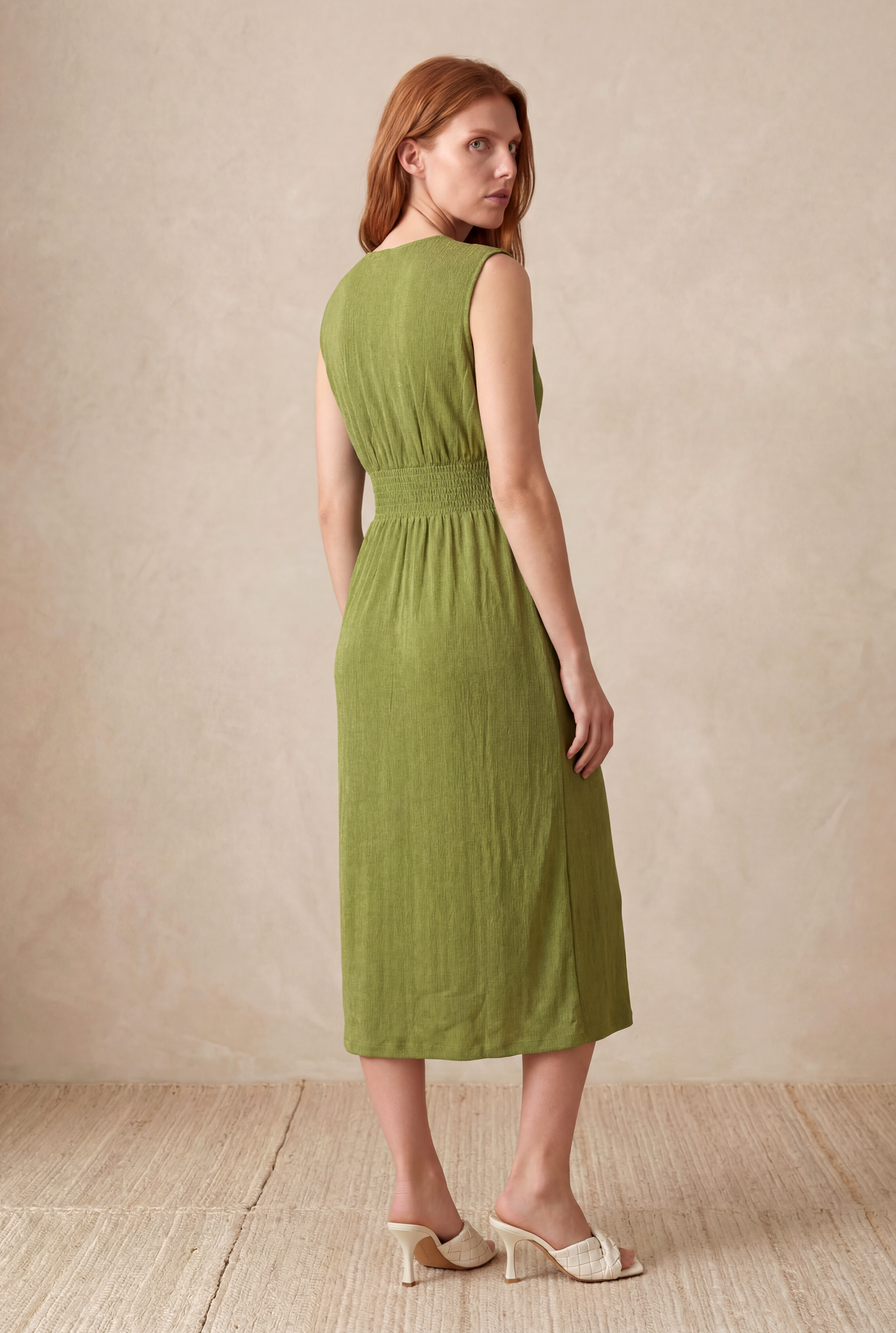Kadın Regular Fit Bisiklet Yaka Kısa Kollu Yeşil Dokulu Pamuk Midi Elbise MARA - Dress - Westmark London EU(TR) Store Organik Pamuklu Sürdürülebilir Moda