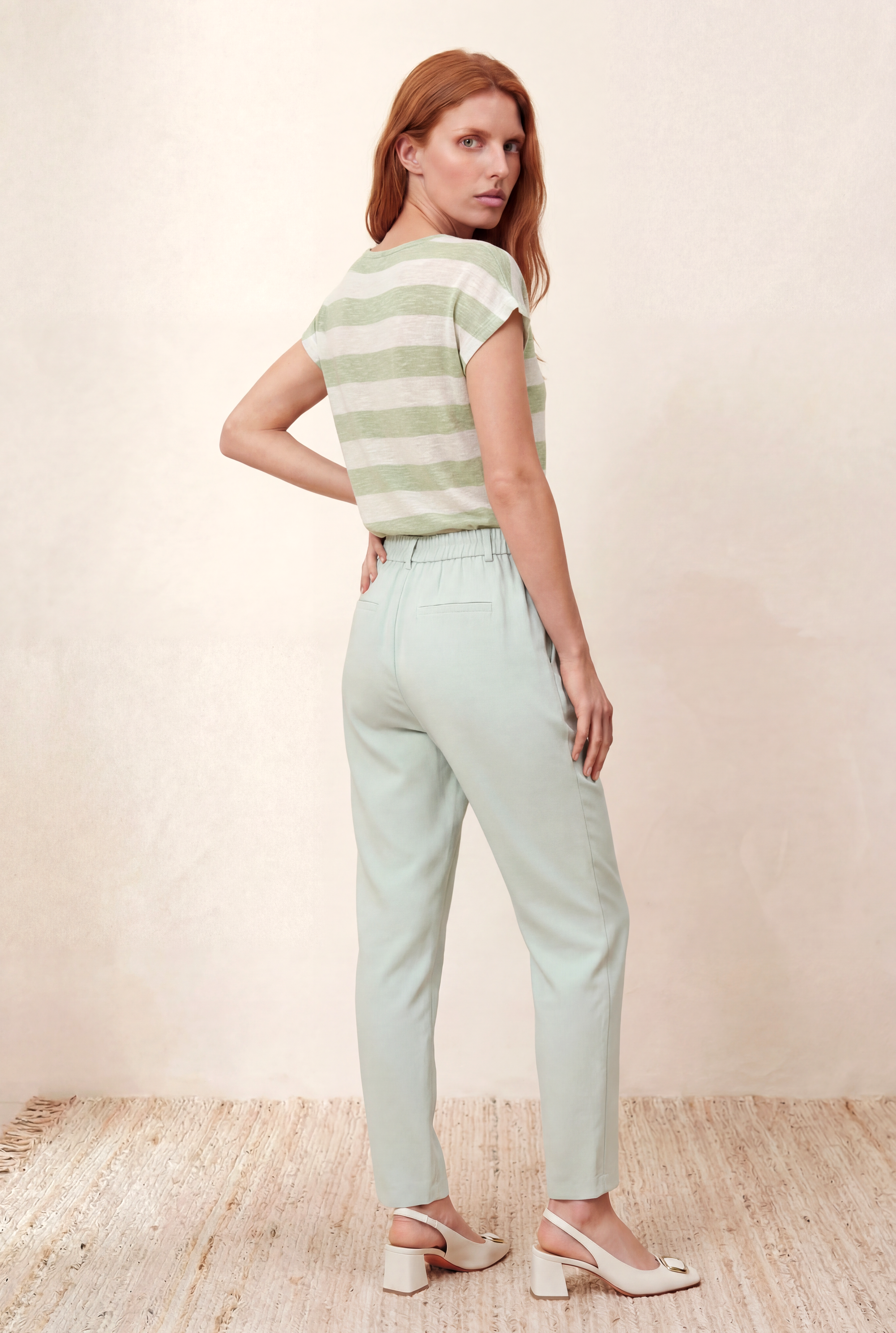 Kadın Regular Fit Bisiklet Yaka Kısa Kol Ekru / Light Yeşil Çizgili Viskon / Elastan T-Shirt WILDA - Top - Westmark London EU(TR) Store Organik Pamuklu Sürdürülebilir Moda