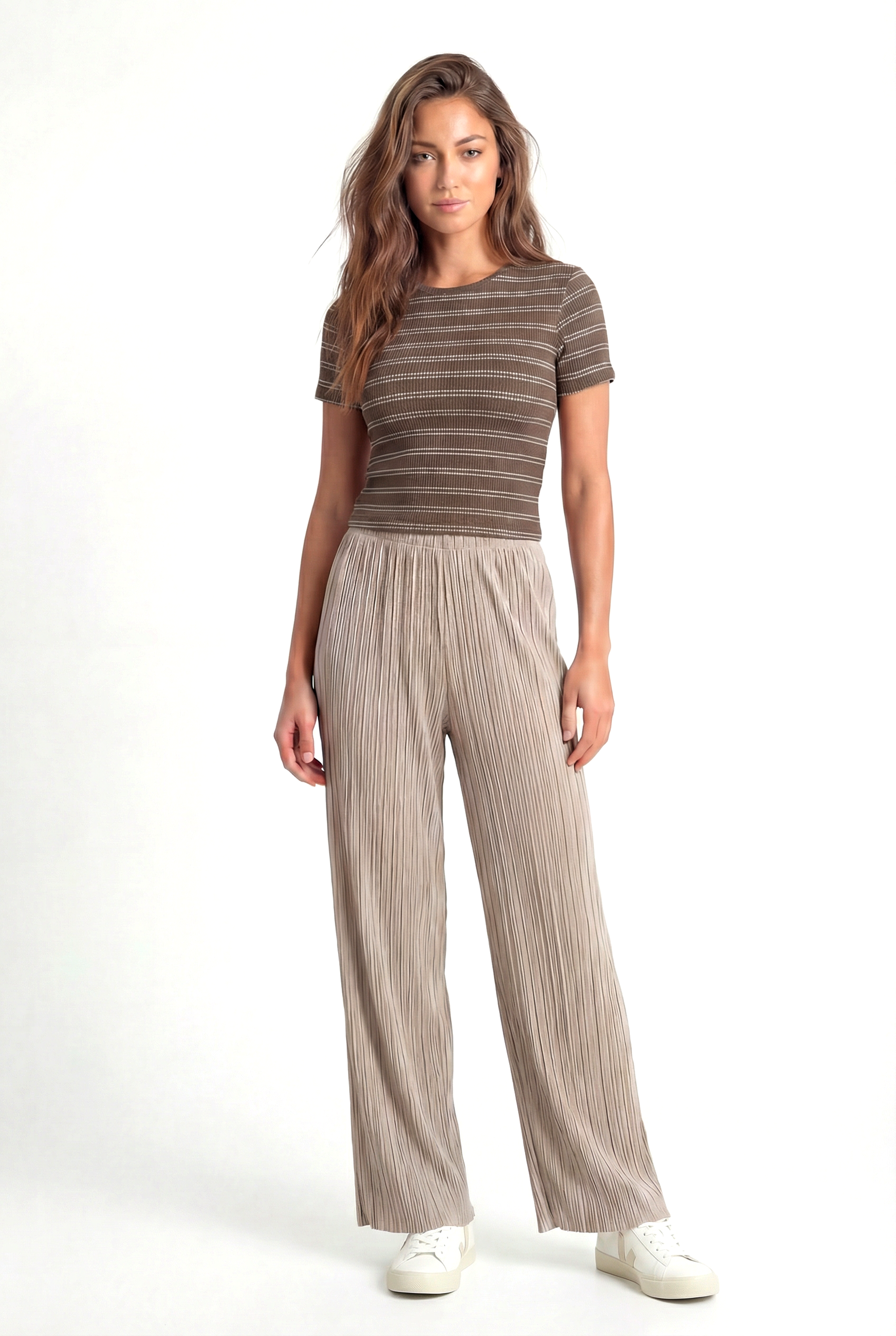 Kahve Bej Çizgili Bisiklet Yaka Kısa Kollu Kadın Crop T-Shirt SANDY S/S TOP - T-Shirt - Westmark London EU(TR) Store Organik Pamuklu Sürdürülebilir Moda