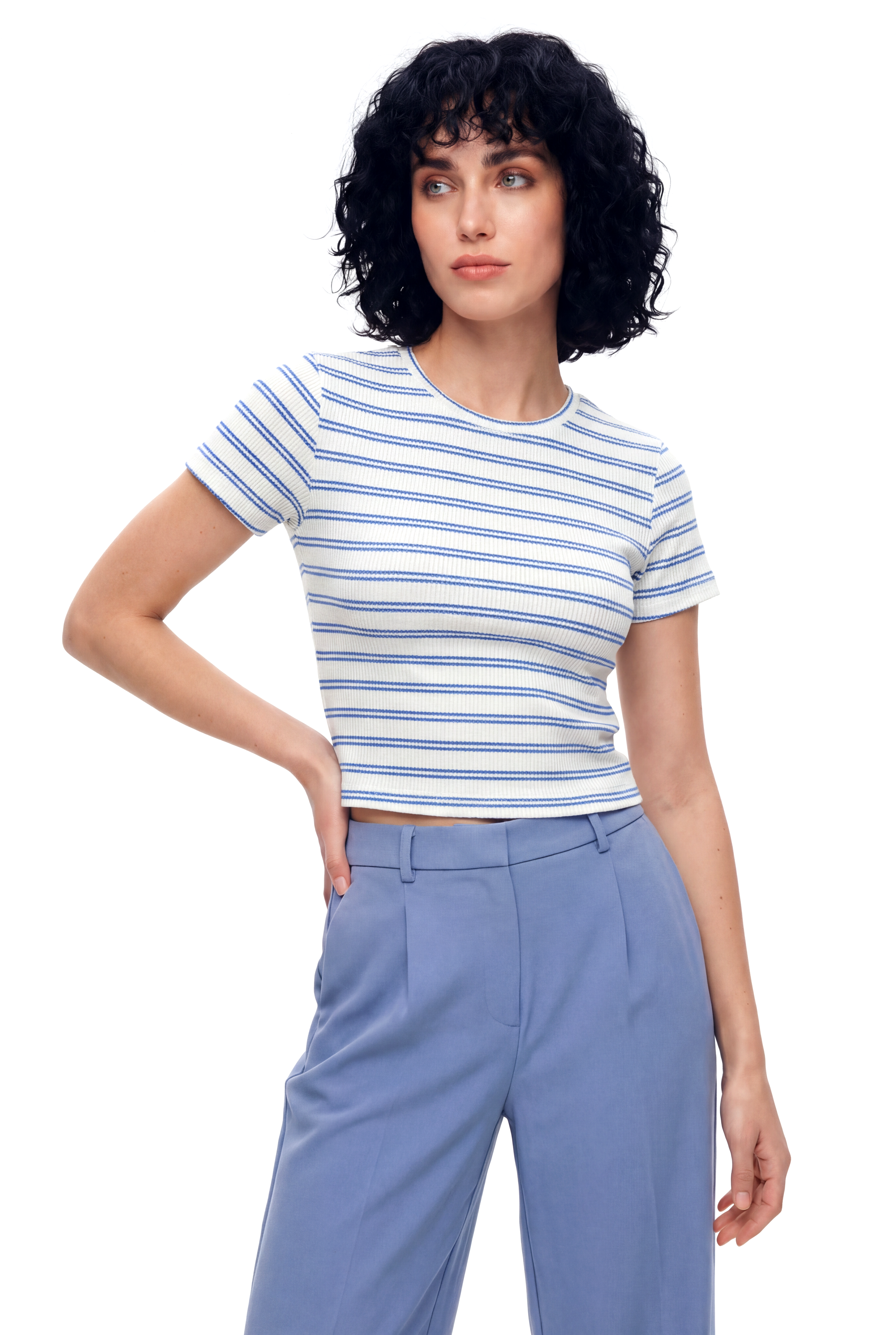 Mavi Beyaz Çizgili Bisiklet Yaka Kısa Kollu Kadın Crop T-Shirt SANDY S/S TOP - T-Shirt - Westmark London EU(TR) Store Organik Pamuklu Sürdürülebilir Moda
