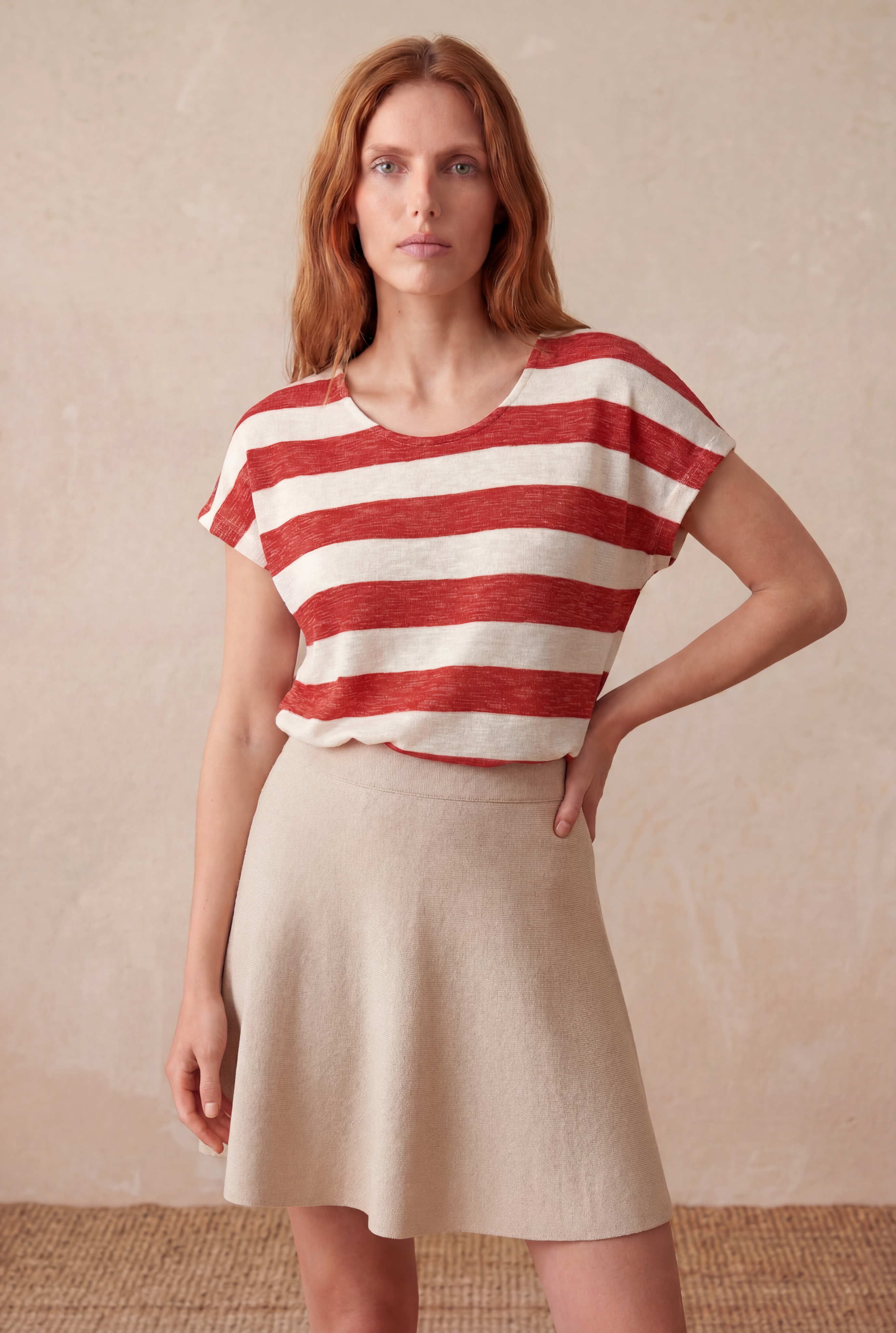 Kadın Regular Fit Bisiklet Yaka Kısa Kol Ekru / Kiremit Kırmızı Çizgili Viskon / Elastan T-Shirt WILDA - Top - Westmark London EU(TR) Store Organik Pamuklu Sürdürülebilir Moda