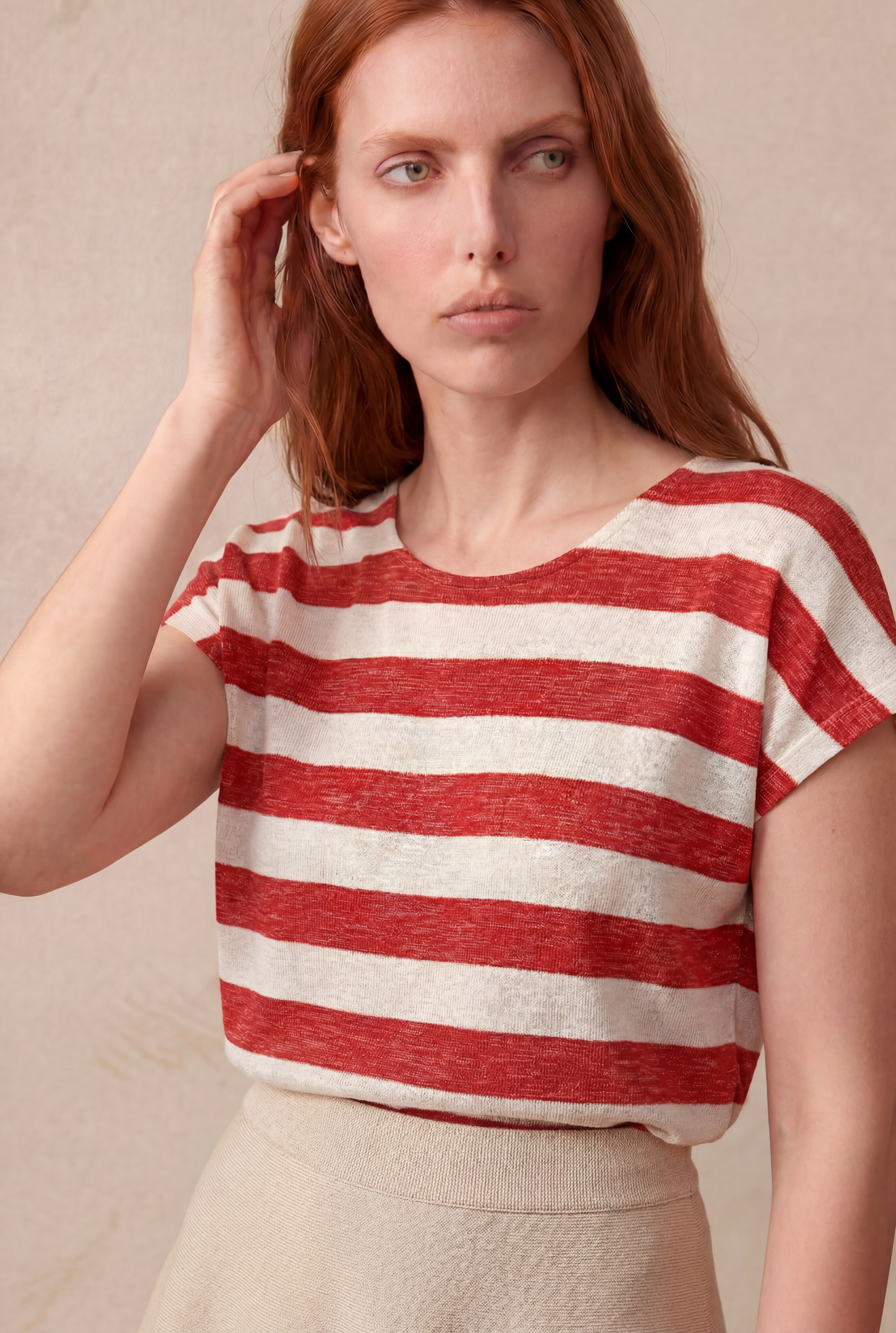 Kadın Regular Fit Bisiklet Yaka Kısa Kol Ekru / Kiremit Kırmızı Çizgili Viskon / Elastan T-Shirt WILDA - Top - Westmark London EU(TR) Store Organik Pamuklu Sürdürülebilir Moda