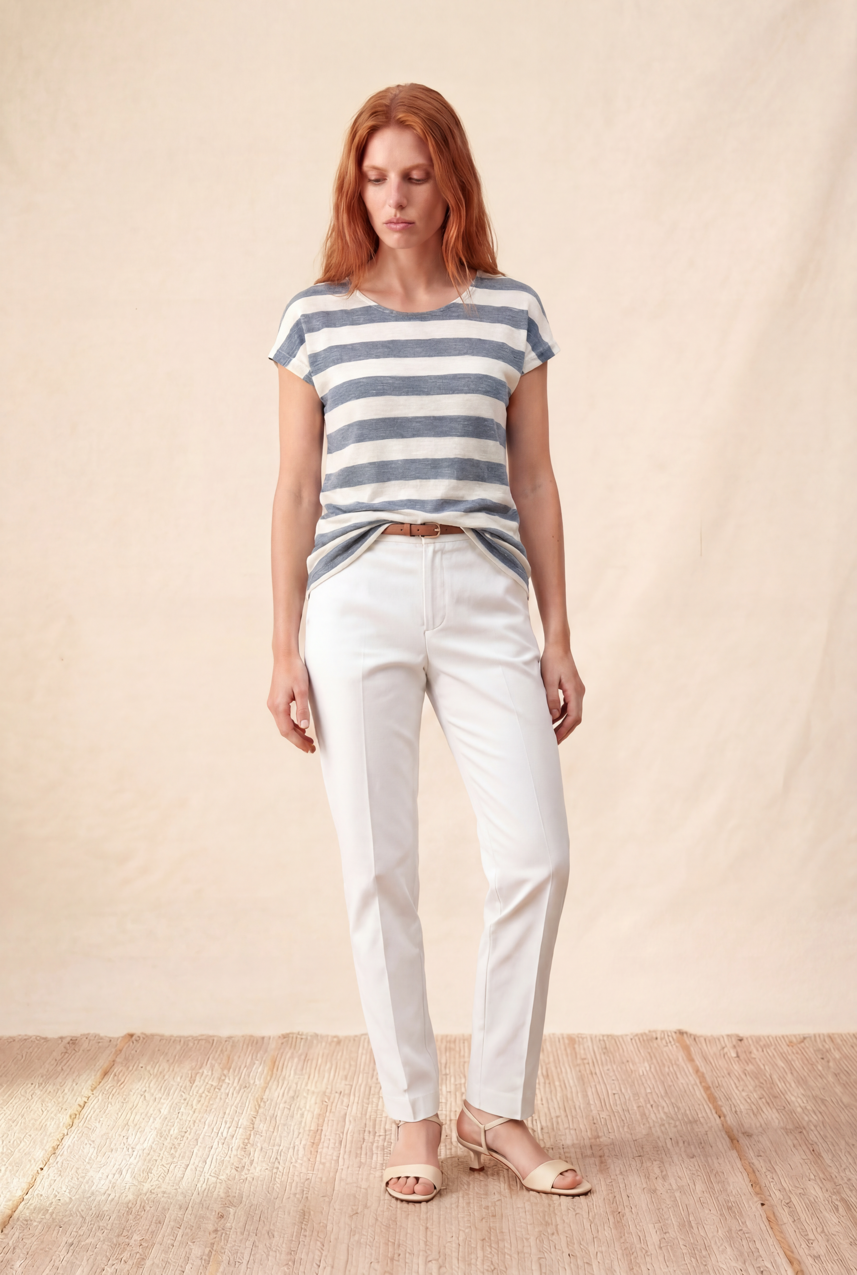 Kadın Regular Fit Bisiklet Yaka Kısa Kol Ekru / Mdumanlı Mavi Çizgili Viskon / Elastan T-Shirt WILDA - Top - Westmark London EU(TR) Store Organik Pamuklu Sürdürülebilir Moda
