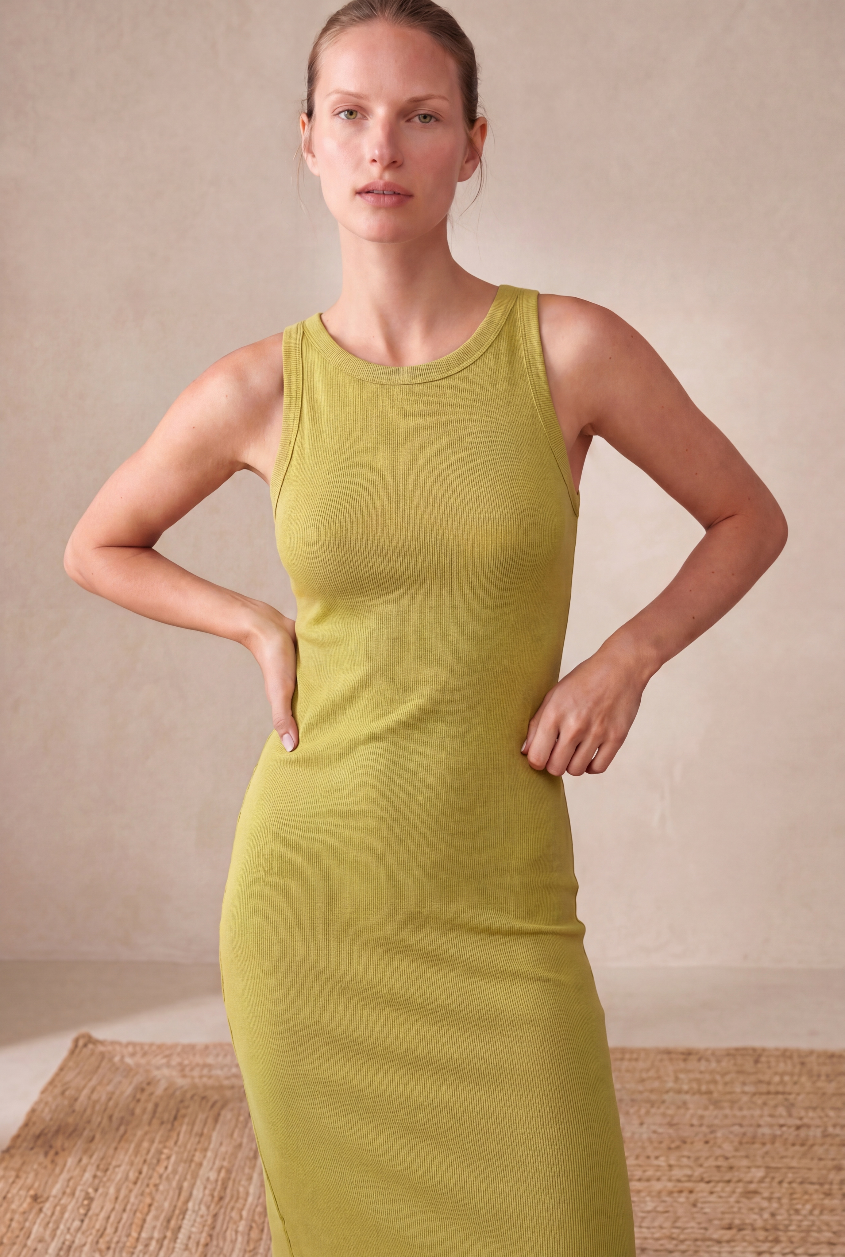 Kadın Slim Fit Bisiklet Yaka Kolsuz Yeşil Pamuklu Fitilli Ribana Midi Elbise RITA - Dress - Westmark London EU(TR) Store Organik Pamuklu Sürdürülebilir Moda