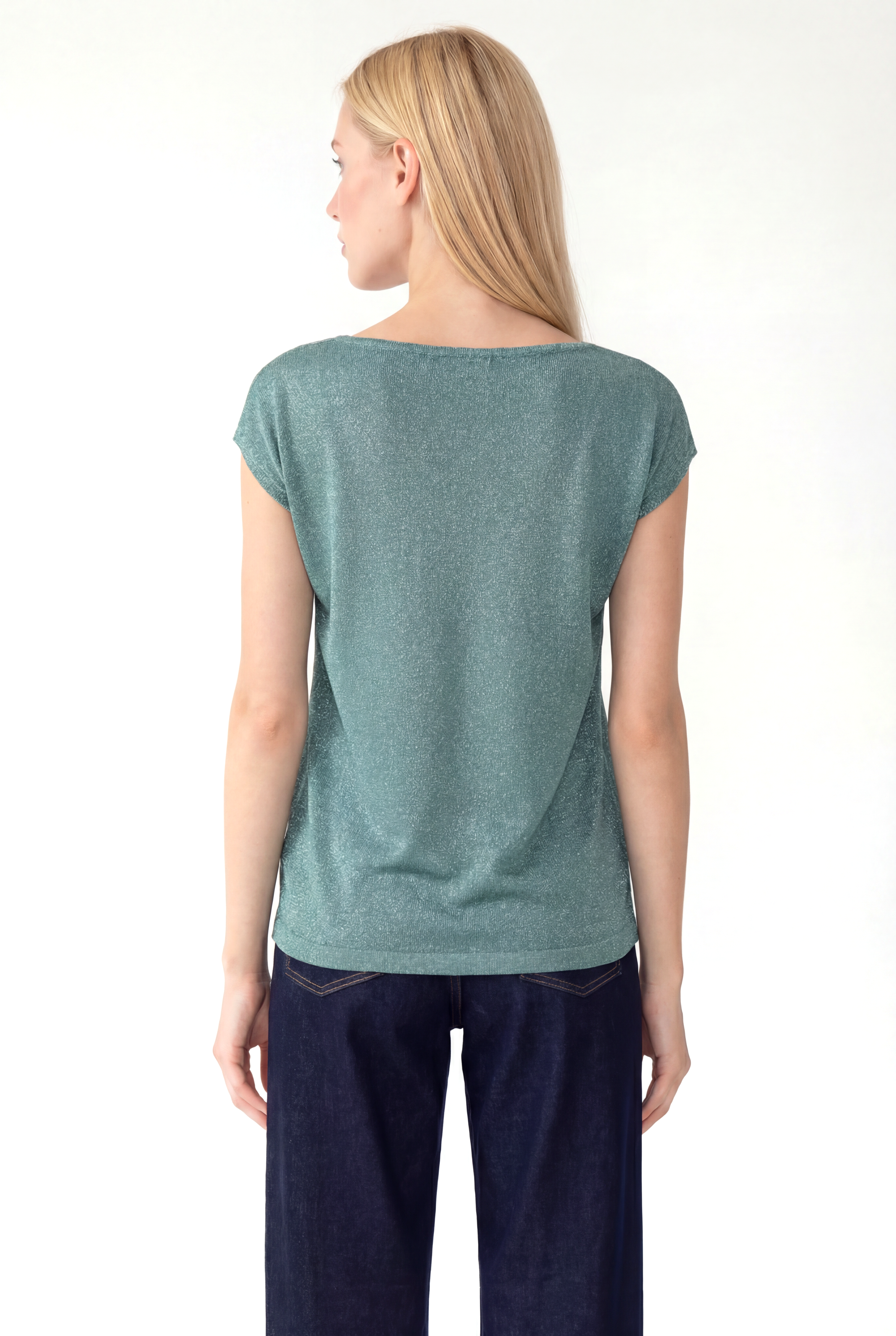 Turkuaz Bisiklet Yaka Simli Kısa Kollu Kadın T-Shirt SKY GLITTER S/S TOP - Tops - Westmark London EU(TR) Store Organik Pamuklu Sürdürülebilir Moda