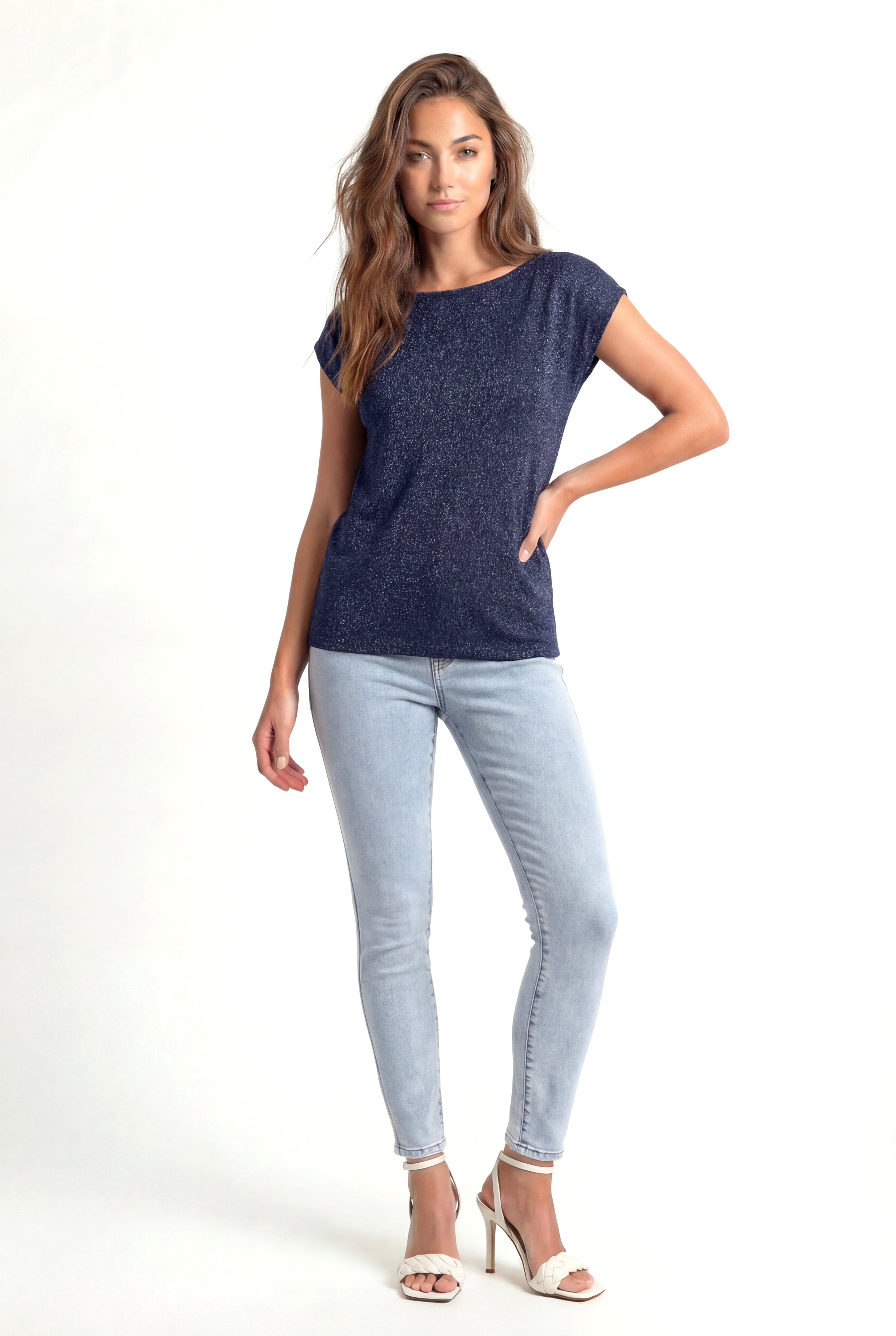 Lacivert Bisiklet Yaka Simli Kısa Kollu Kadın T-Shirt SKY GLITTER S/S TOP - T-Shirt - Westmark London EU(TR) Store Organik Pamuklu Sürdürülebilir Moda