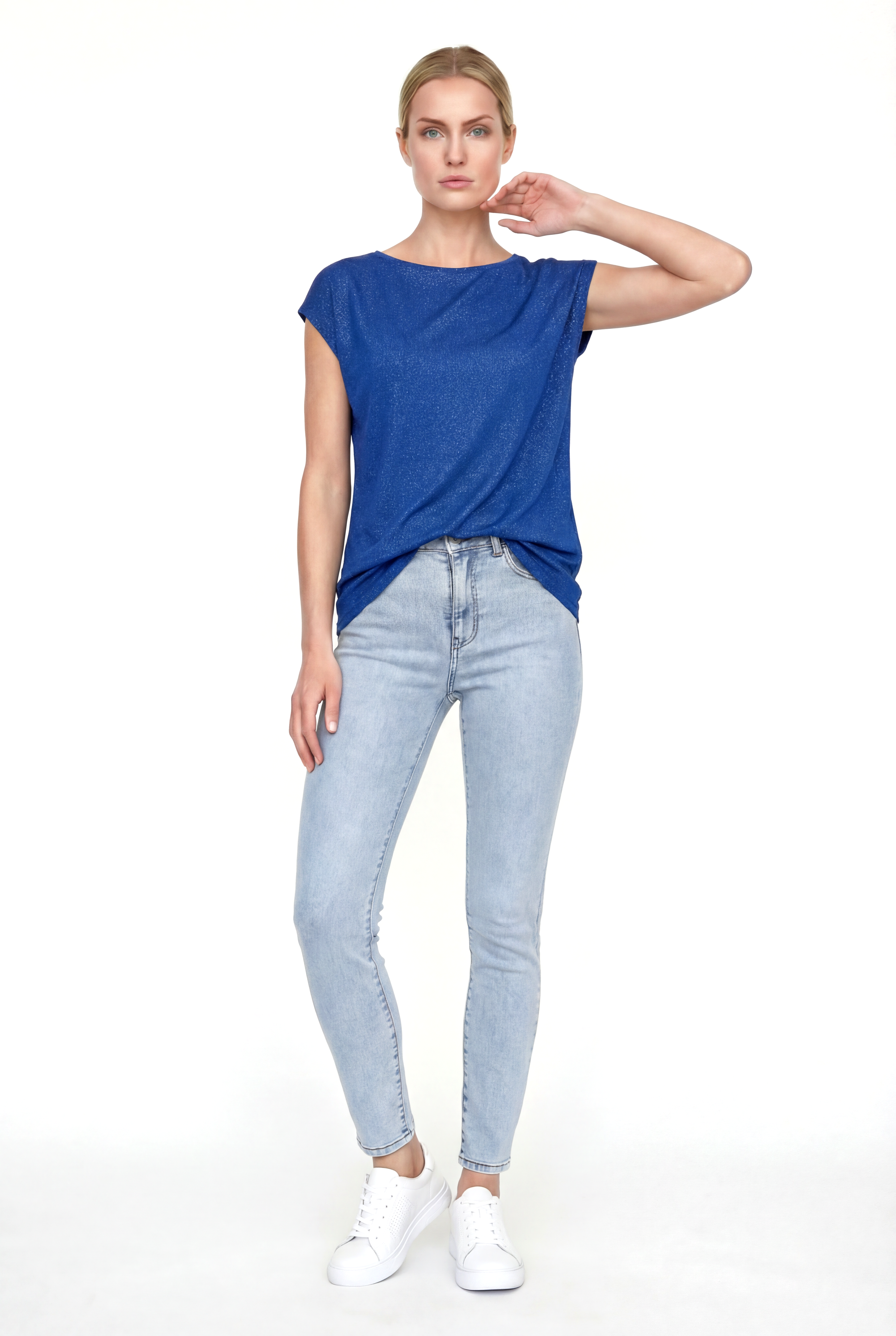 Koyu Mavi Bisiklet Yaka Simli Kısa Kollu Kadın T-Shirt SKY GLITTER S/S TOP - T-Shirt - Westmark London EU(TR) Store Organik Pamuklu Sürdürülebilir Moda