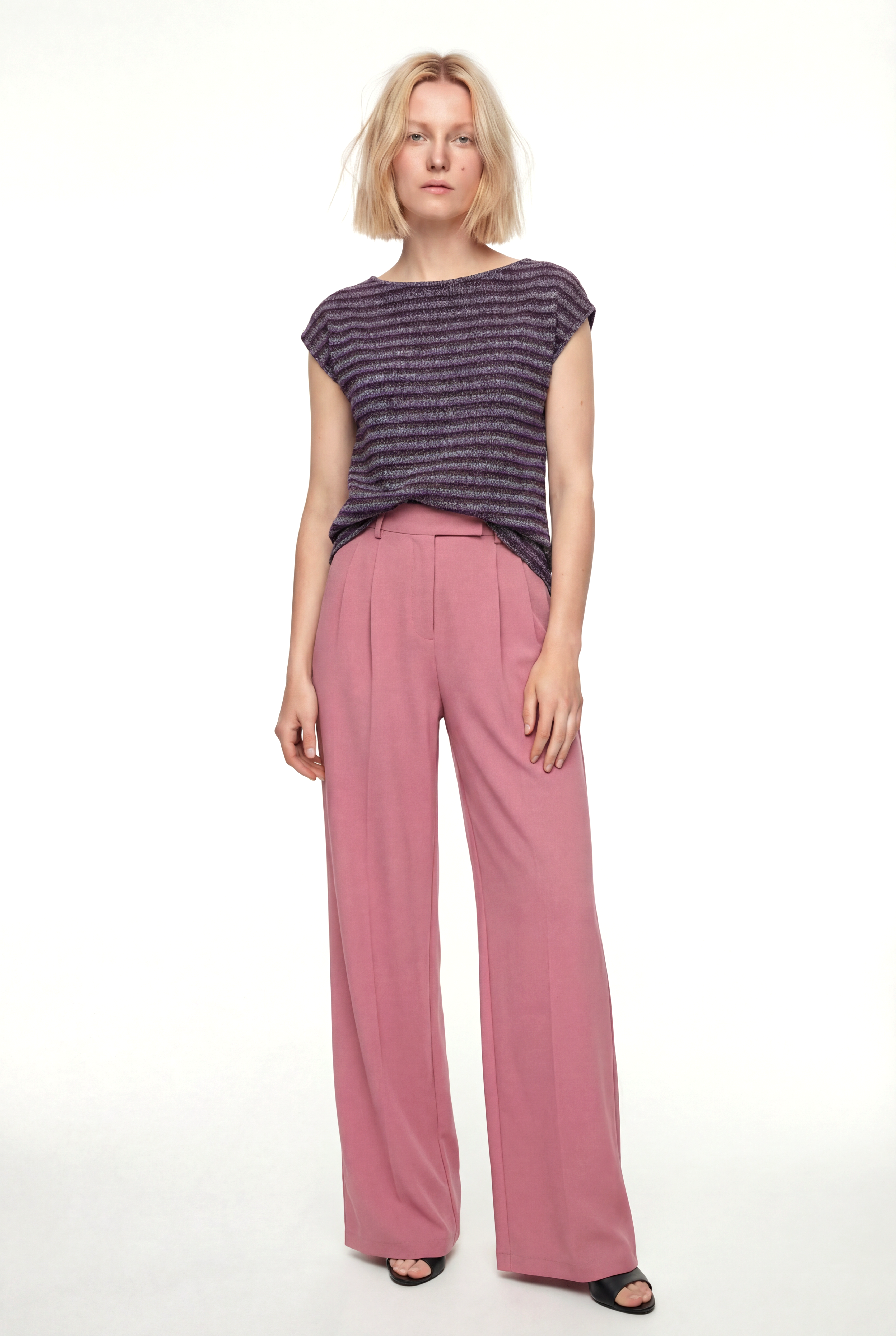 Pembe Gri Çizgili Bisiklet Yaka Simli Kısa Kollu Kadın T-Shirt SKY GLITTER S/S TOP - T-Shirt - Westmark London EU(TR) Store Organik Pamuklu Sürdürülebilir Moda