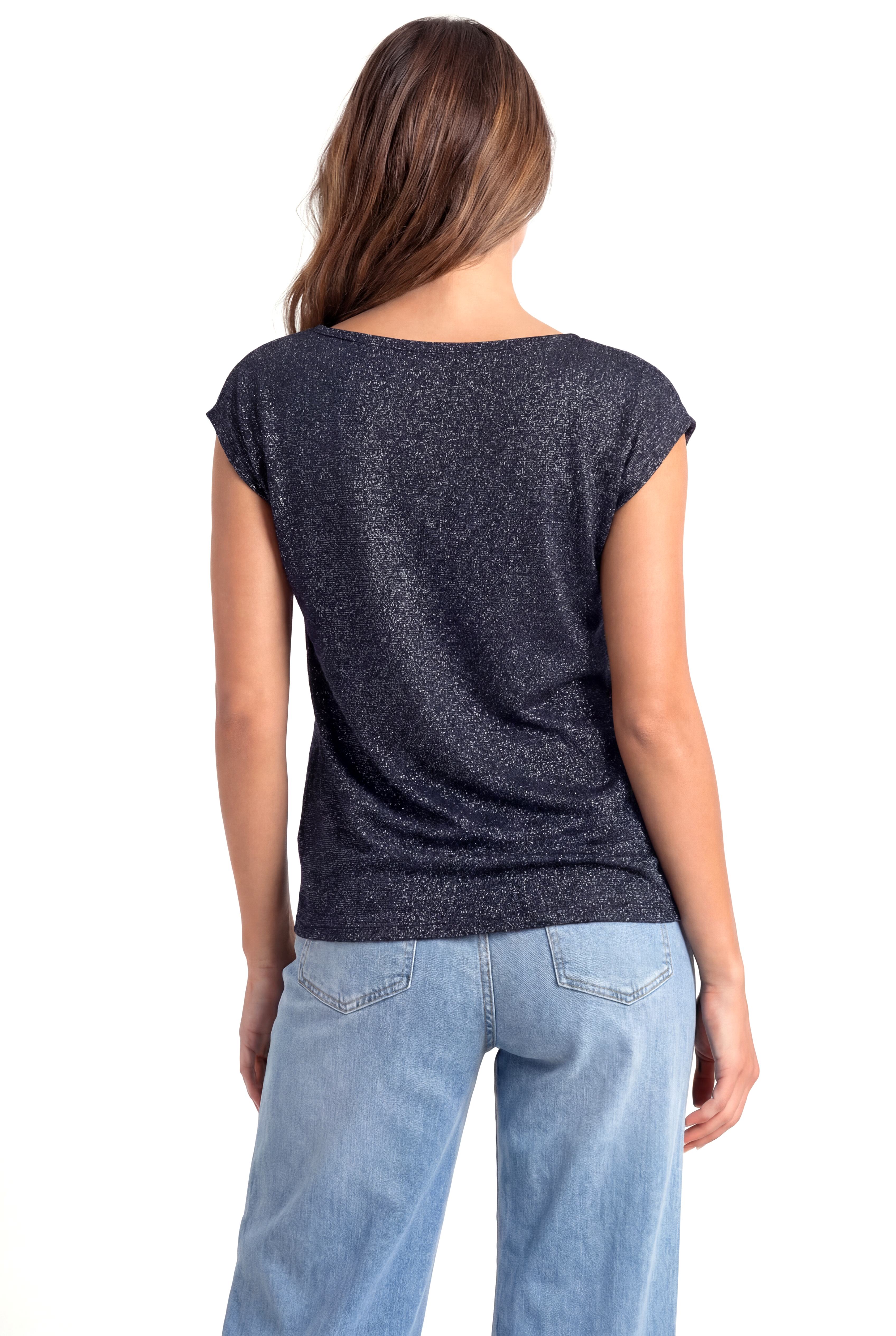 Gri Siyah Bisiklet Yaka Simli Kısa Kollu Kadın T-Shirt SKY GLITTER S/S TOP - T-Shirt - Westmark London EU(TR) Store Organik Pamuklu Sürdürülebilir Moda