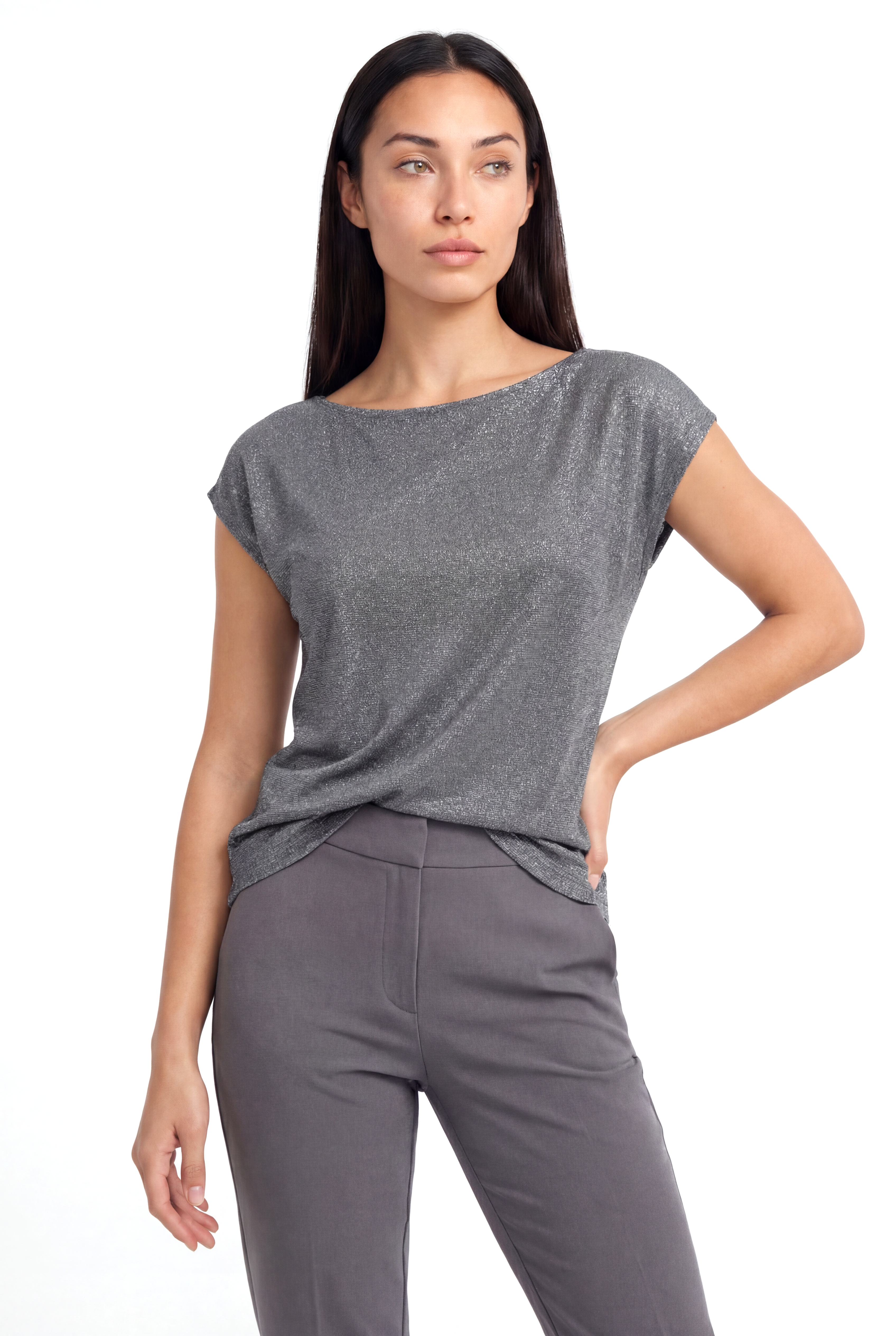 Koyu Gri Bisiklet Yaka Simli Kısa Kollu Kadın T-Shirt SKY GLITTER S/S TOP - T-Shirt - Westmark London EU(TR) Store Organik Pamuklu Sürdürülebilir Moda