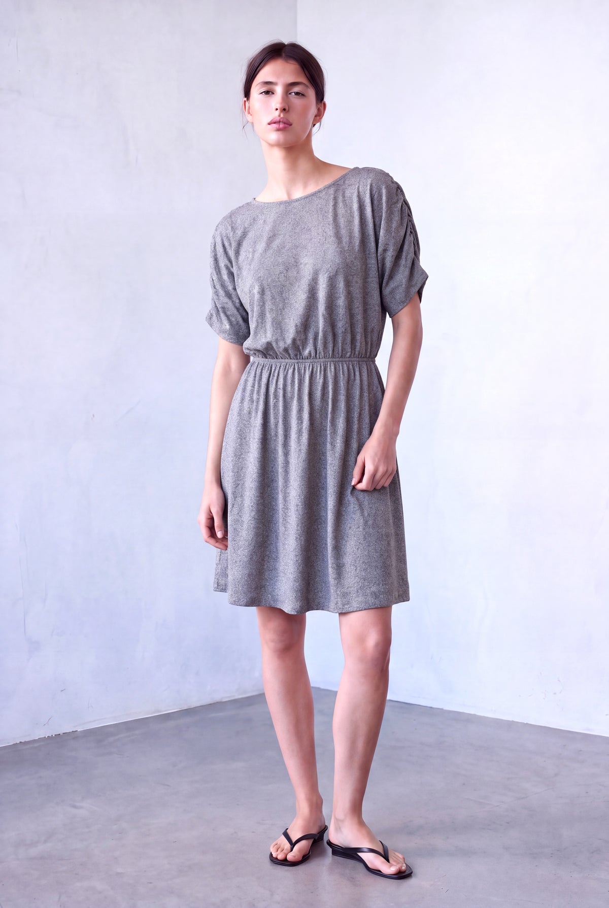 Açık Gri Melanj Kadın Açık Gri Melanj Viskon Karışımlı Kayık Yaka 2/4 Kol Arka Cut Out Kollar Üzerinde Büzgü Şerit Detaylı Bel Latikli Elbise JUNE - Dress - Westmark London EU(TR) Store Organik Pamuklu Sürdürülebilir Moda