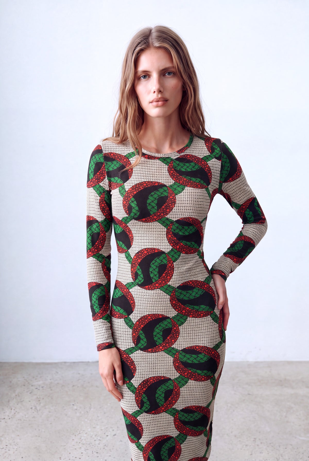 Beyaz Baskılı Kadın Beyaz Baskılı Esnek Dokulu Bisiklet Yaka Uzun Kollu Elbise STELLA - Dress - Westmark London EU(TR) Store Organik Pamuklu Sürdürülebilir Moda