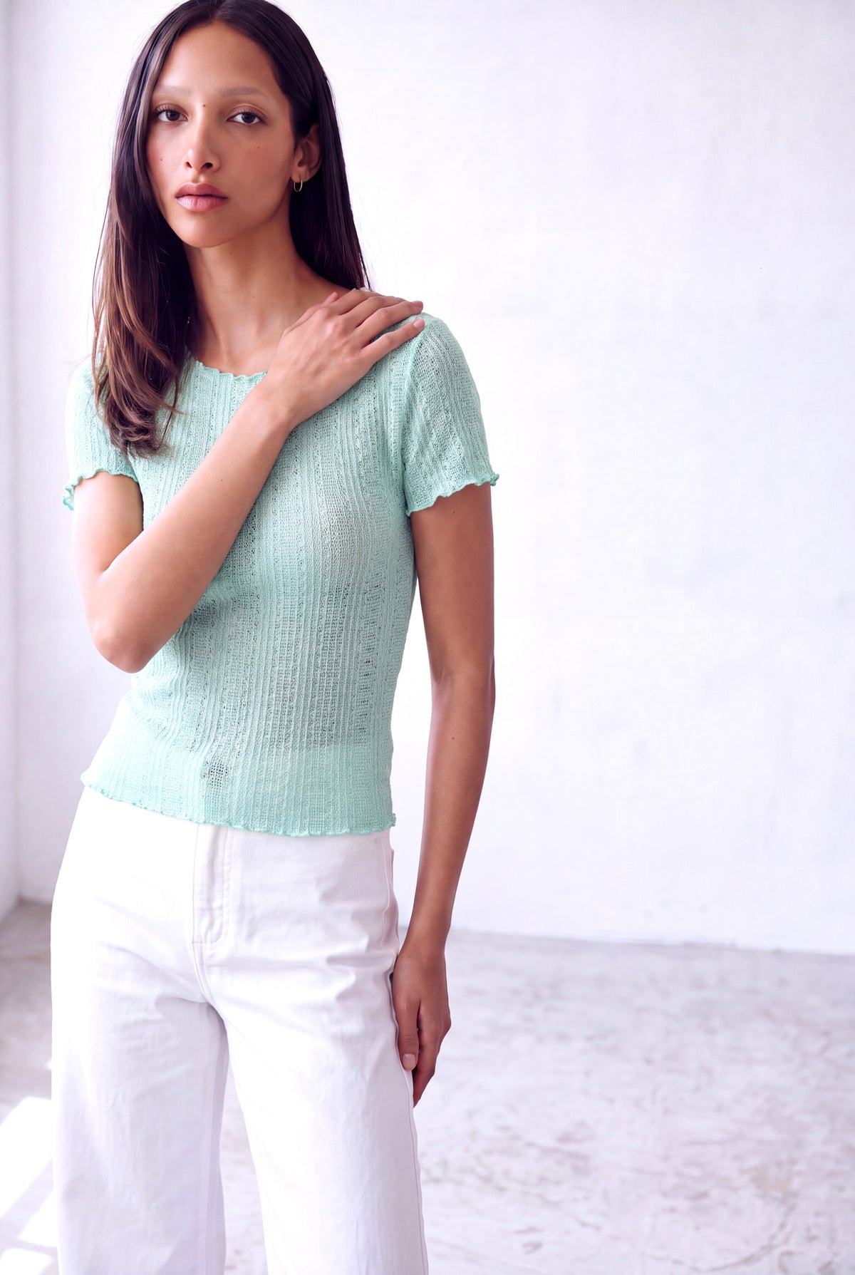 Mint Yeşili Kadın Mint Yeşili Ajurlu Bisiklet Yaka Kısa Kollu Baby Overlock Detaylı Bluz AJOUR - Top - Westmark London EU(TR) Store Organik Pamuklu Sürdürülebilir Moda