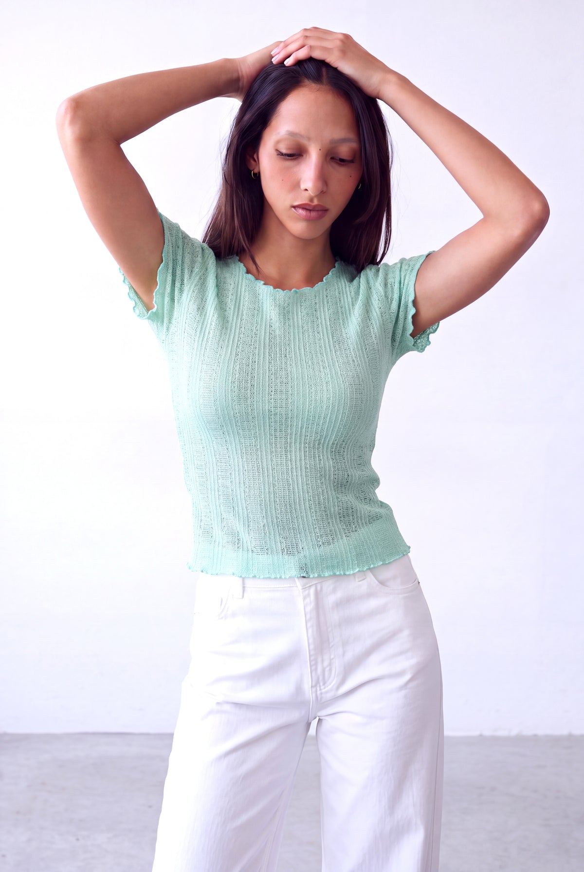 Mint Yeşili Kadın Mint Yeşili Ajurlu Bisiklet Yaka Kısa Kollu Baby Overlock Detaylı Bluz AJOUR - Top - Westmark London EU(TR) Store Organik Pamuklu Sürdürülebilir Moda