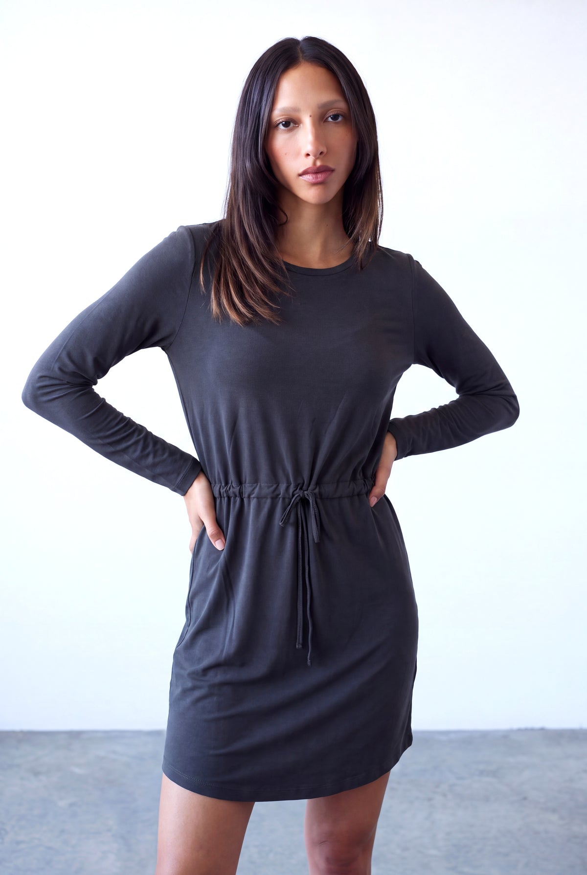 Siyah Kadın Siyah Modal Bisiklet Yaka Uzun Kollu Bel Bağcıklı Oval Kesim Detaylı Elbise FAITH - Dress - Westmark London EU(TR) Store Organik Pamuklu Sürdürülebilir Moda
