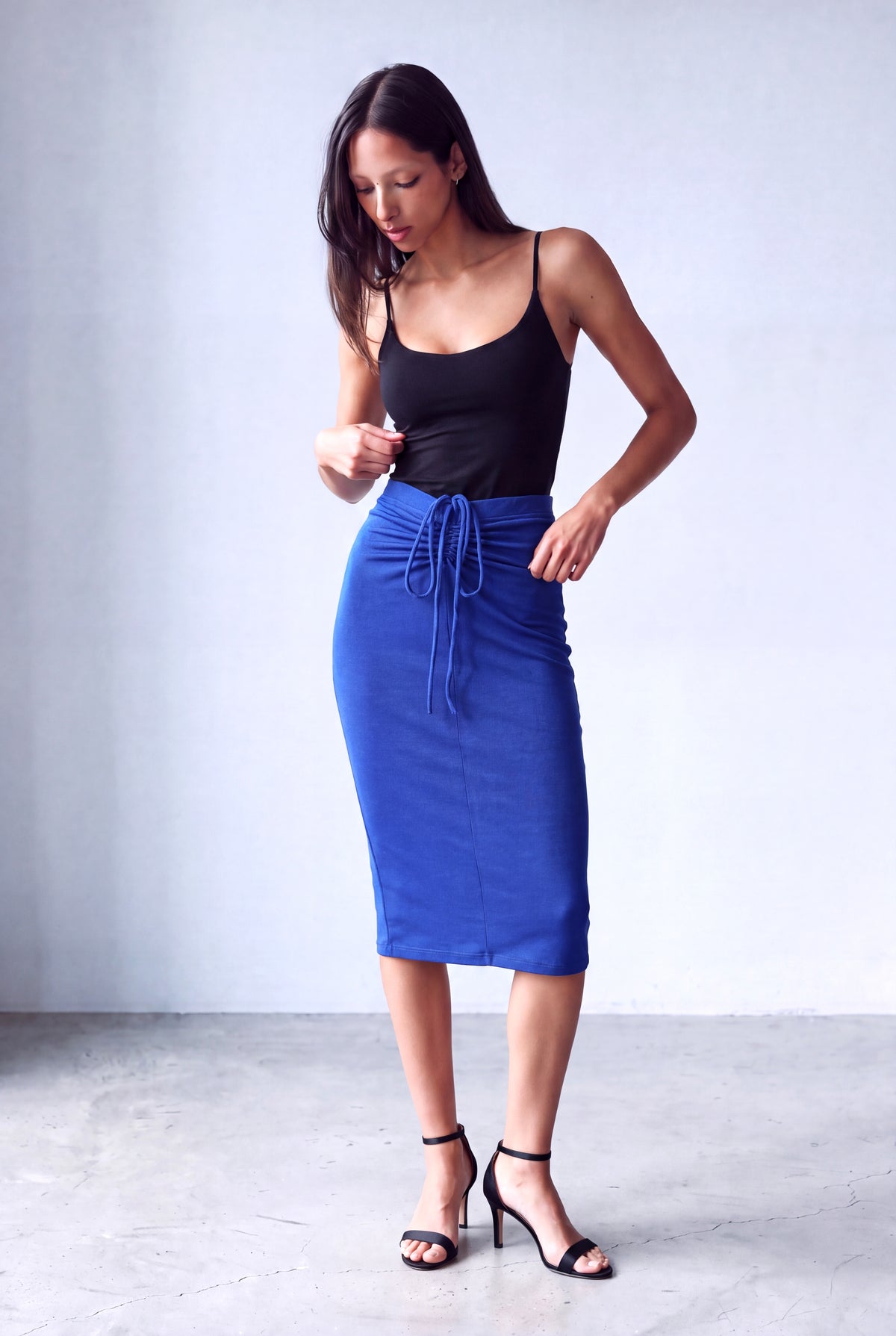 Mavi Kadın Mavi Dokulu Diz Altı Büzme Fonksiyonlu Bağcıklı Etek JOY - Skirt - Westmark London EU(TR) Store Organik Pamuklu Sürdürülebilir Moda