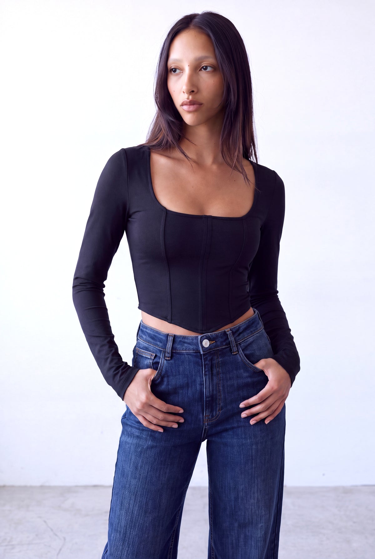 Siyah Kadın Siyah Esnek Kare Yaka Uzun Kollu Korse Görünümlü Bluz VIOLETTE - Top - Westmark London EU(TR) Store Organik Pamuklu Sürdürülebilir Moda