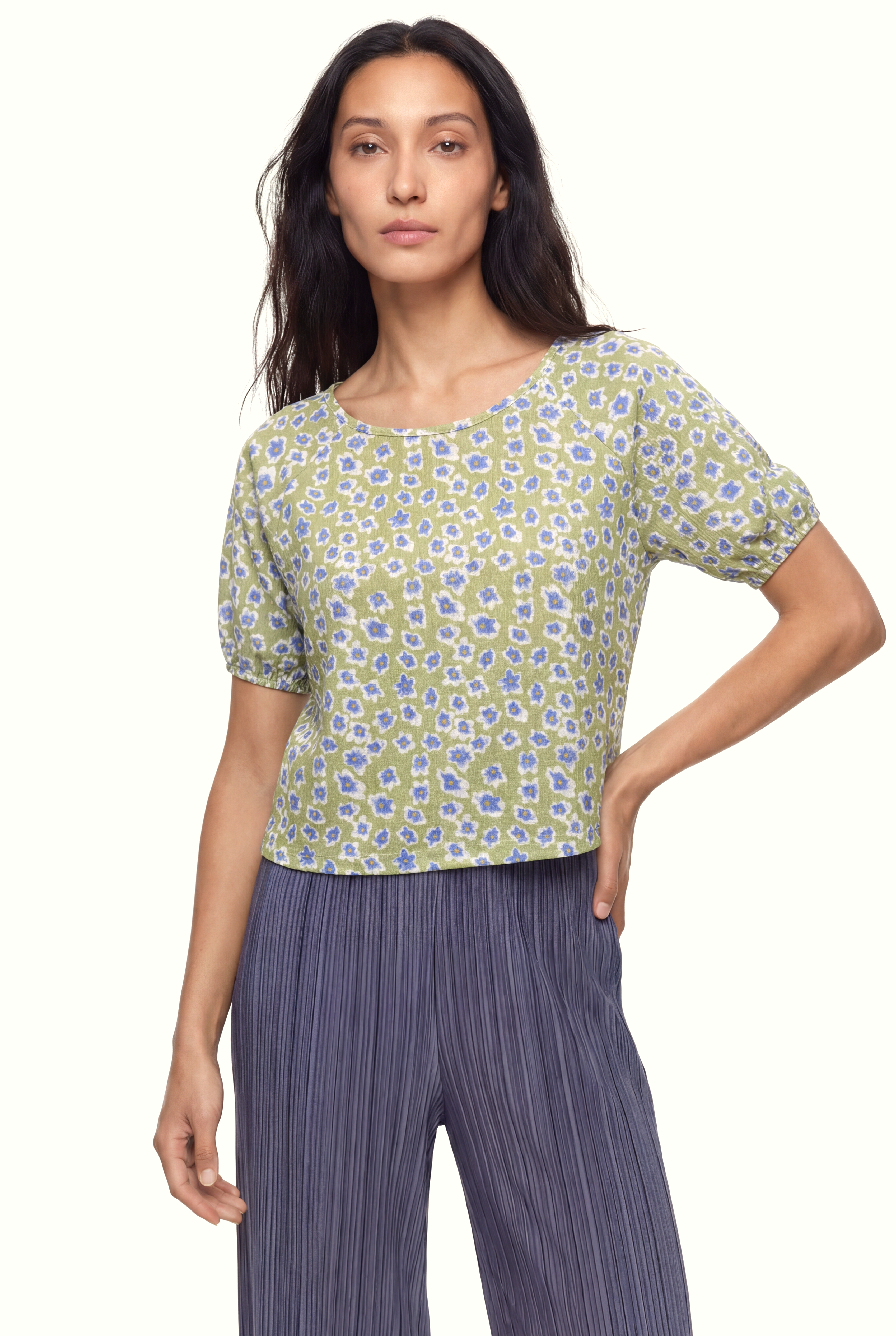 Kadın Bisiklet Yaka Kısa Kollu Desenli Krinkle  Crop Üst CARMEN