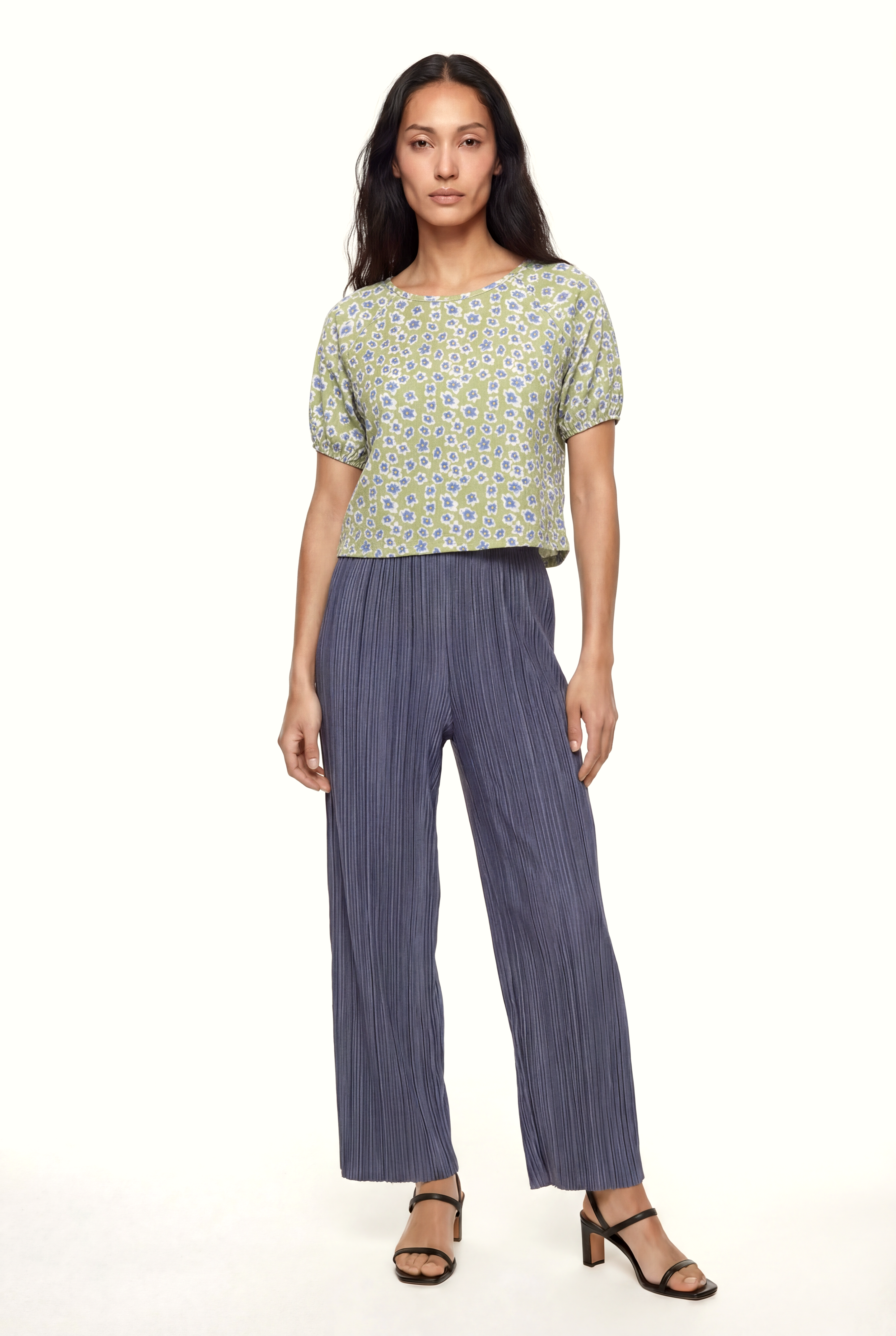 Kadın Bisiklet Yaka Kısa Kollu Desenli Krinkle  Crop Üst CARMEN