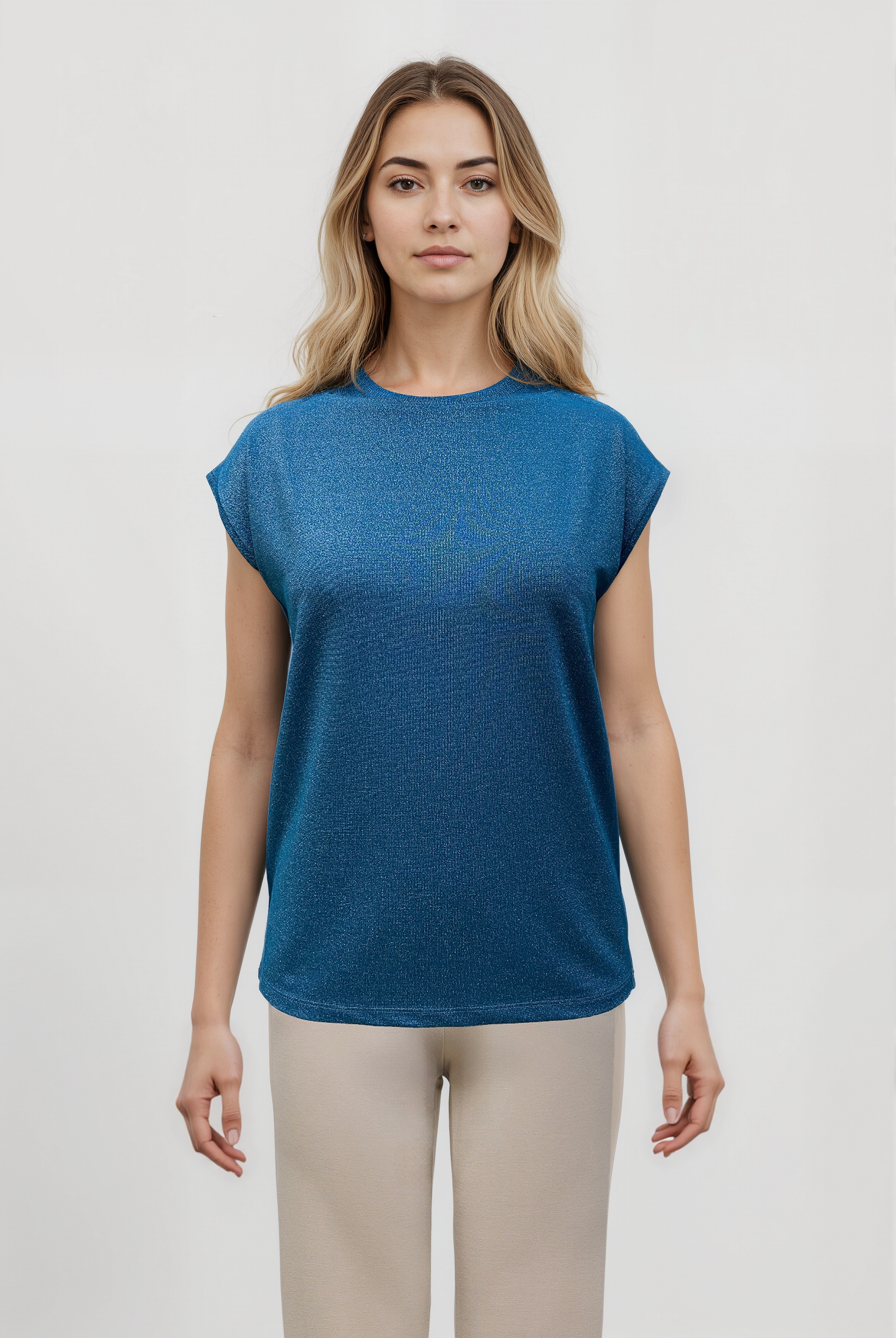 Petrol Mavisi Bisiklet Yaka Simli Kısa Kollu Kadın T-Shirt SKY GLITTER S/S TOP - T-Shirt - Westmark London EU(TR) Store Organik Pamuklu Sürdürülebilir Moda