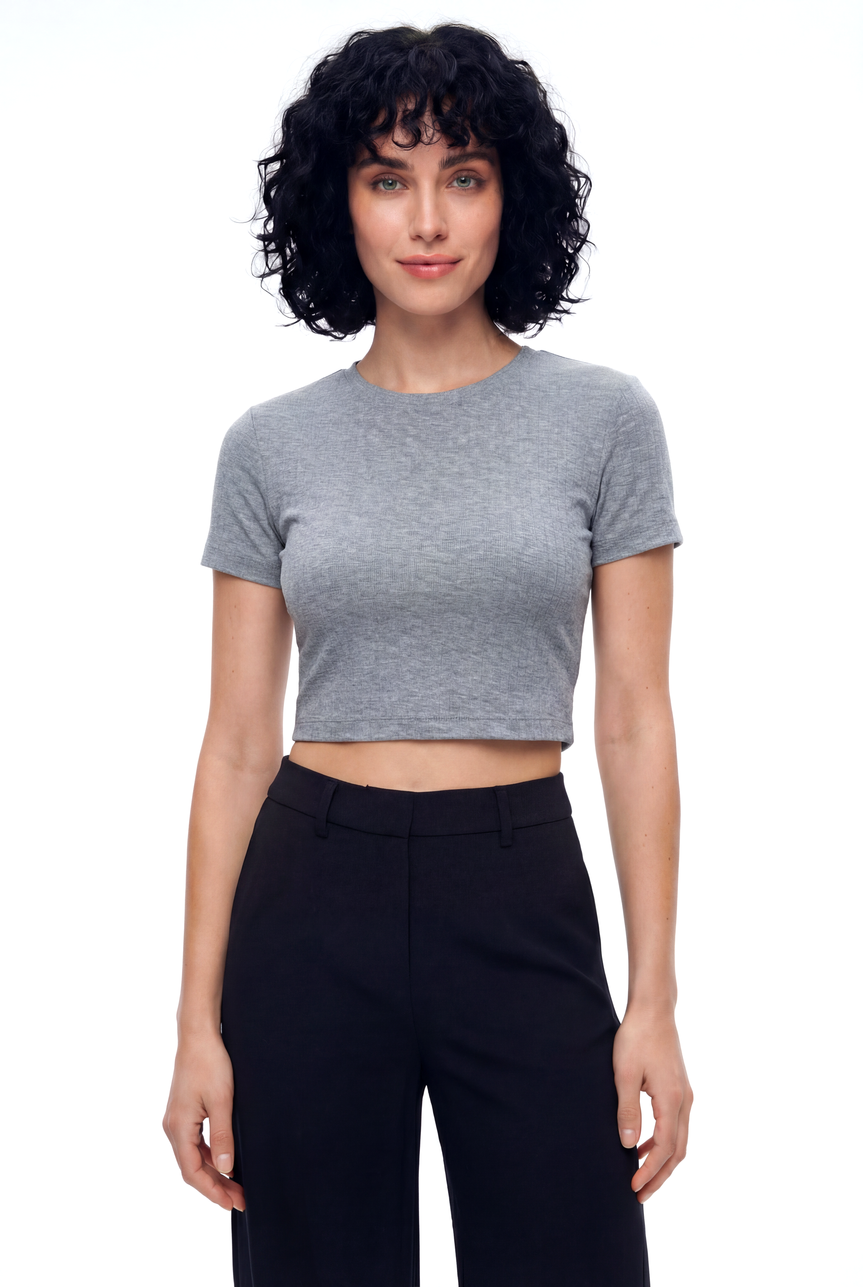 Gri Melanj Çizgili Bisiklet Yaka Kısa Kollu Kadın Crop T-Shirt SANDY S/S TOP - T-Shirt - Westmark London EU(TR) Store Organik Pamuklu Sürdürülebilir Moda