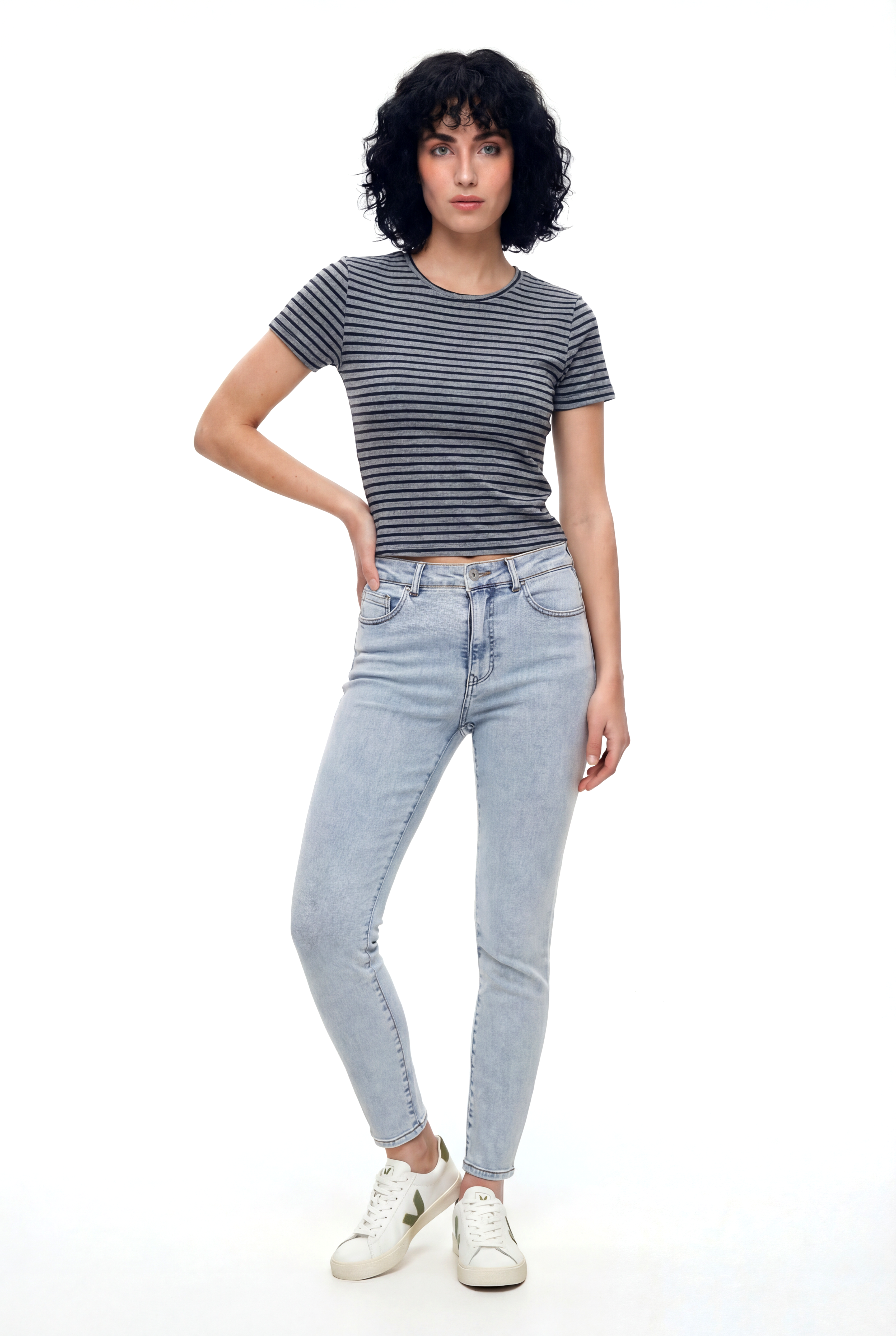 Siyah Gri Çizgili Bisiklet Yaka Kısa Kollu Kadın Crop T-Shirt SANDY S/S TOP - T-Shirt - Westmark London EU(TR) Store Organik Pamuklu Sürdürülebilir Moda