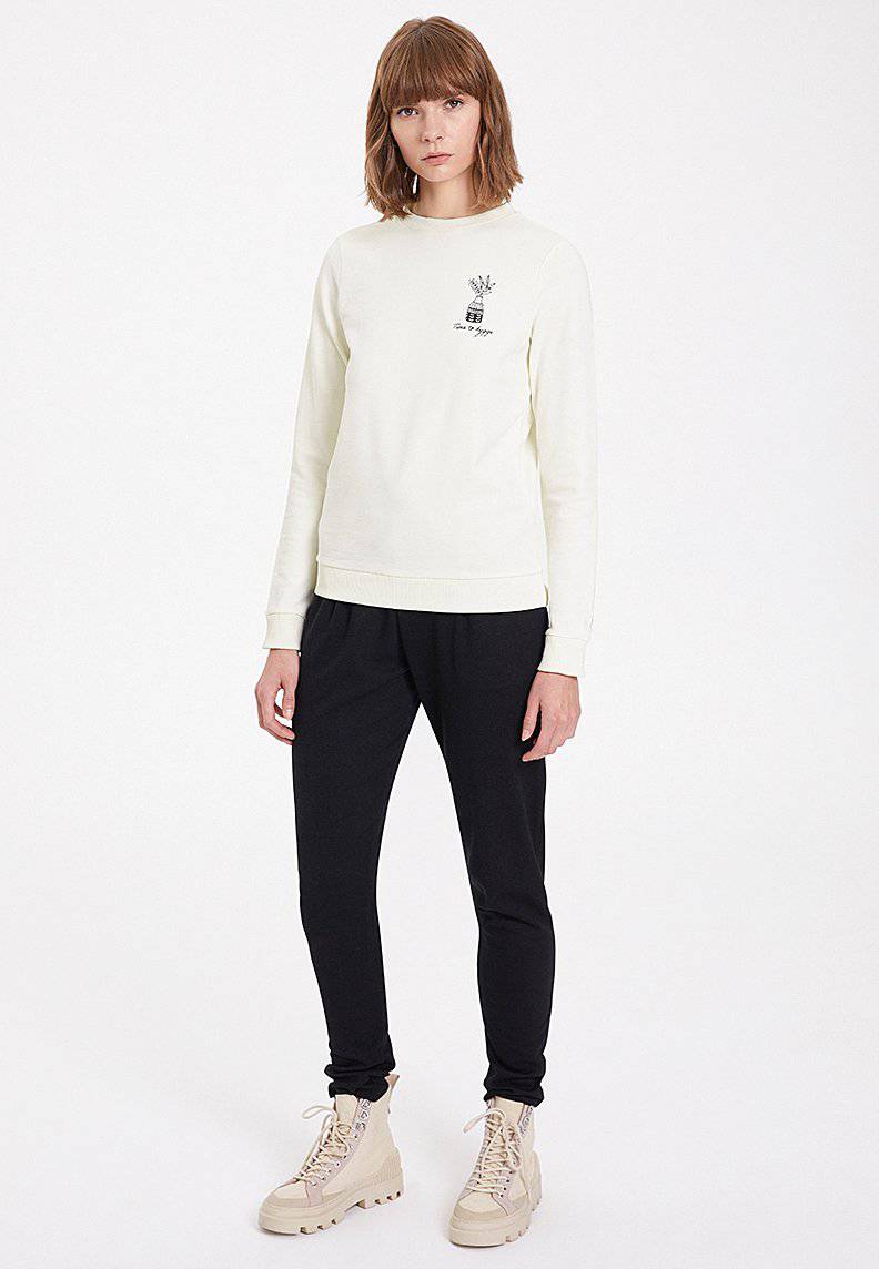 Ekru Bisiklet Yaka Pamuklu Regular Fit Kad n Sweatshirt HYGGE SWEAT