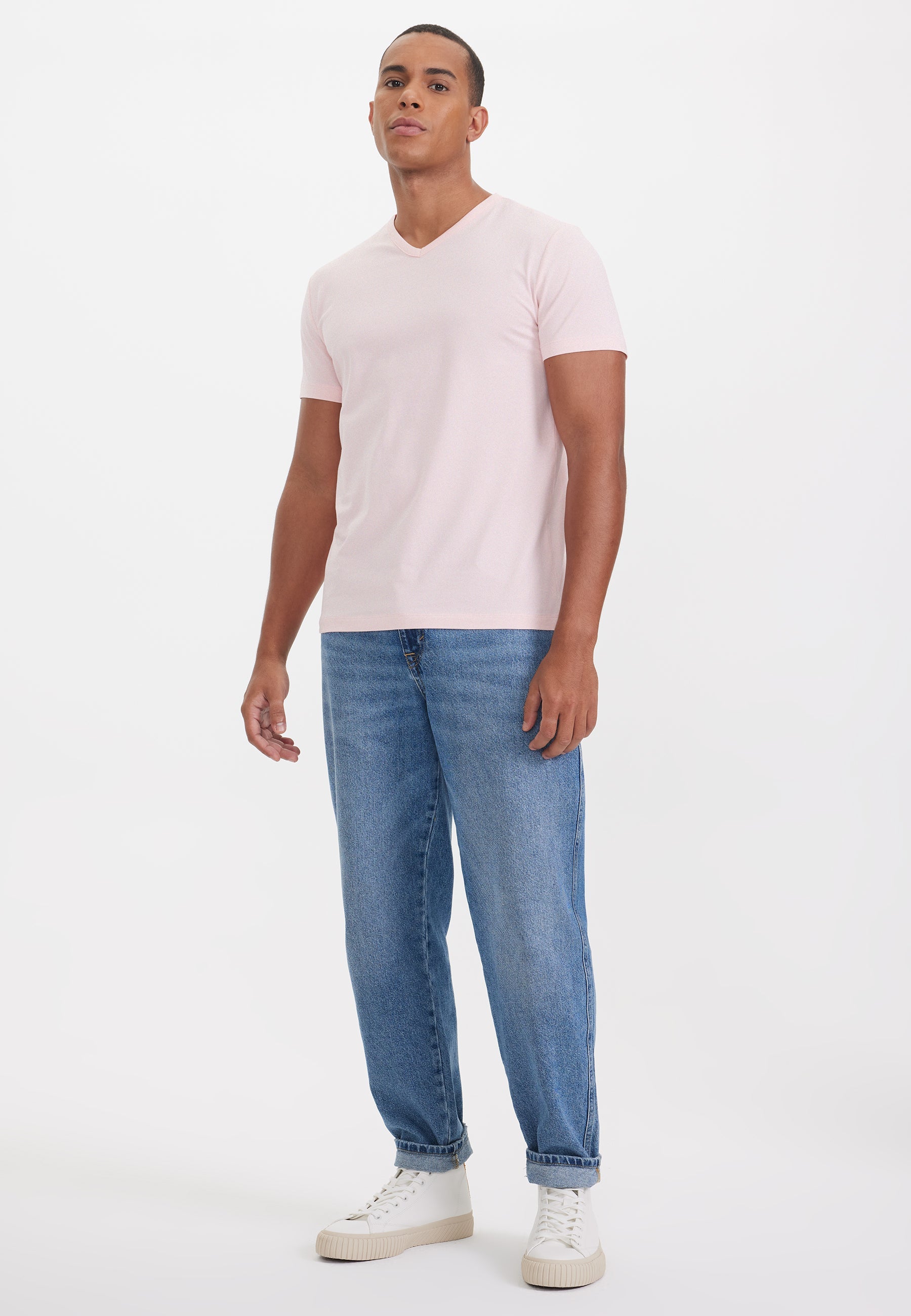 Açık Pembe V-Yaka Regular Fit Pamuk Elastan Karışımlı Basic Erkek T-Shirt THEO - T-Shirt - Westmark London EU(TR) Store Organik Pamuklu Sürdürülebilir Moda