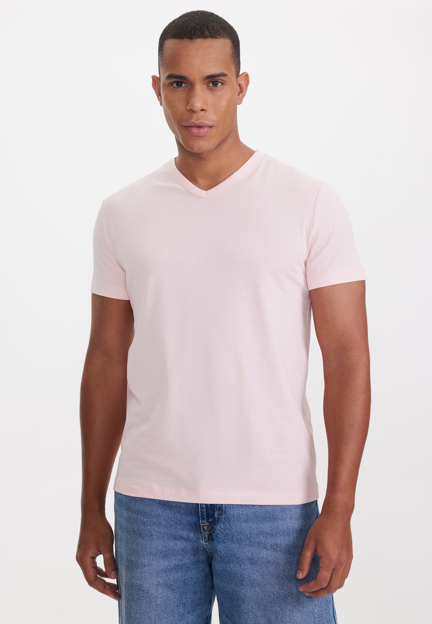 Açık Pembe V-Yaka Regular Fit Pamuk Elastan Karışımlı Basic Erkek T-Shirt THEO - T-Shirt - Westmark London EU(TR) Store Organik Pamuklu Sürdürülebilir Moda